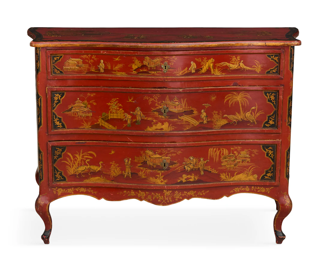 Red-Lacquered Chinoiserie-Decorated Commode