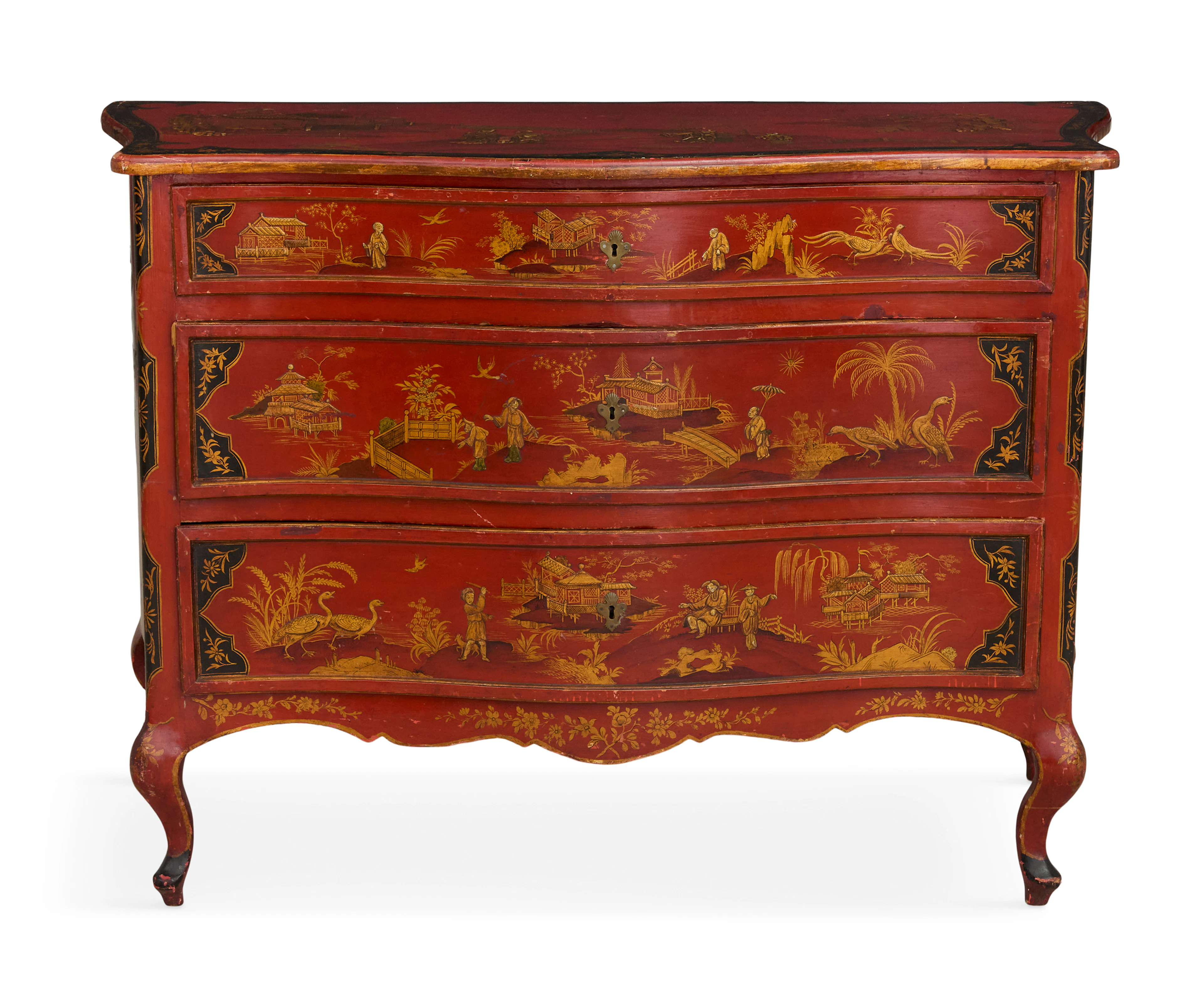 Red-Lacquered Chinoiserie-Decorated Commode