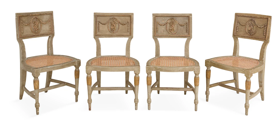 Suite of Four Italian Neoclassical Polychrome Chairs