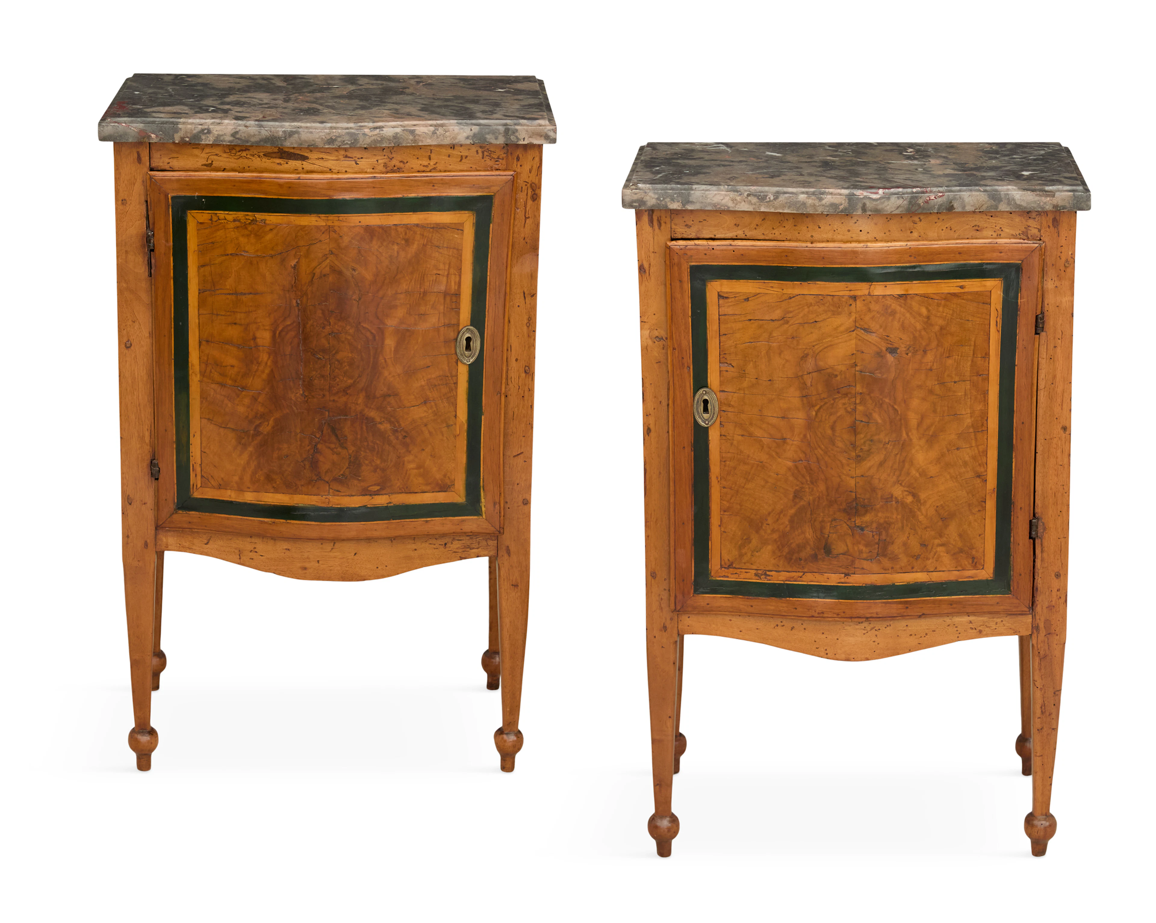 Pair of Italian Walnut and Marble-Top Diminutive Commodes