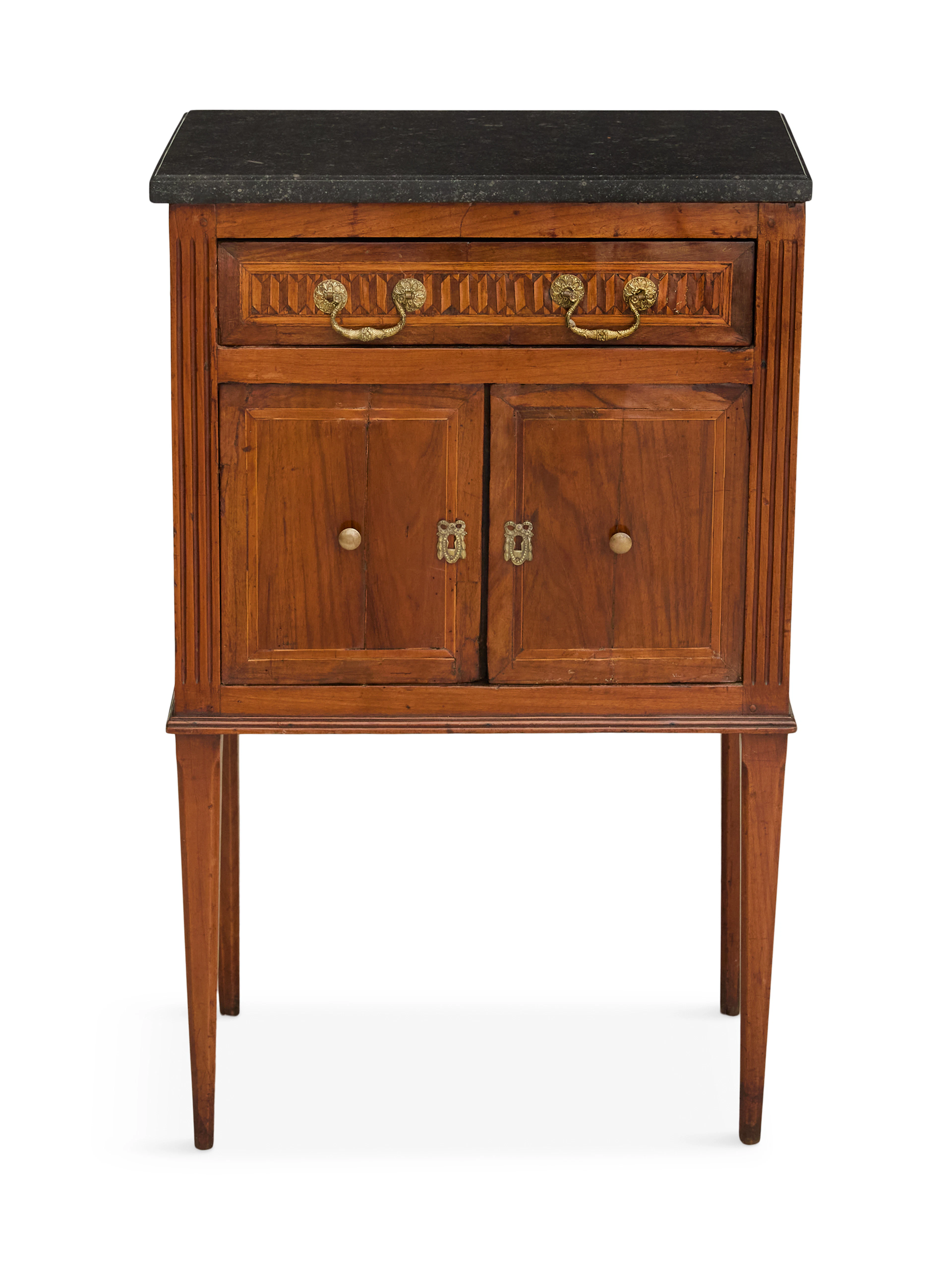 Italian Neoclassical Walnut, Olivewood and Marble-Top Side Table