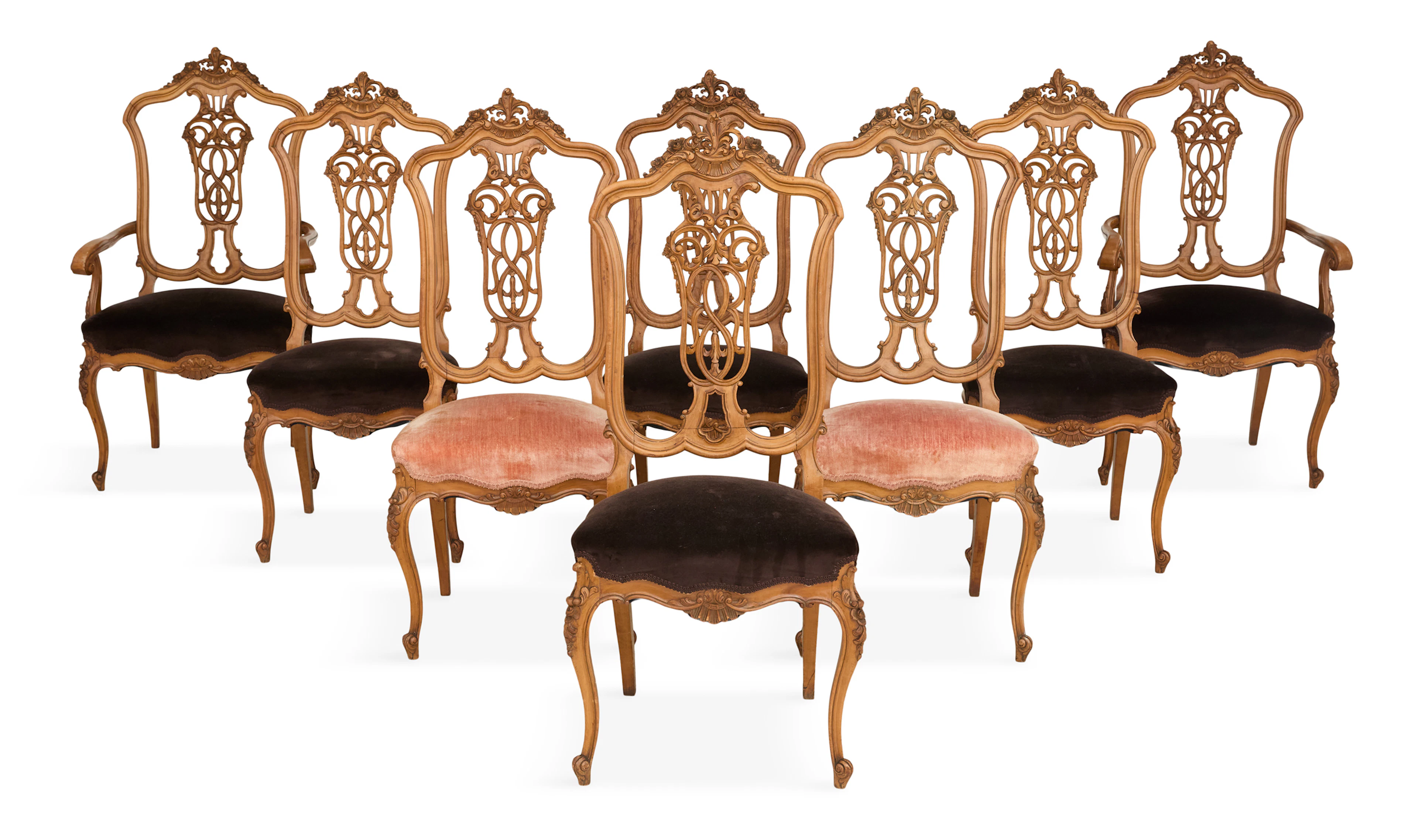 Suite of Eight French-Style Fruitwood Dining Chairs