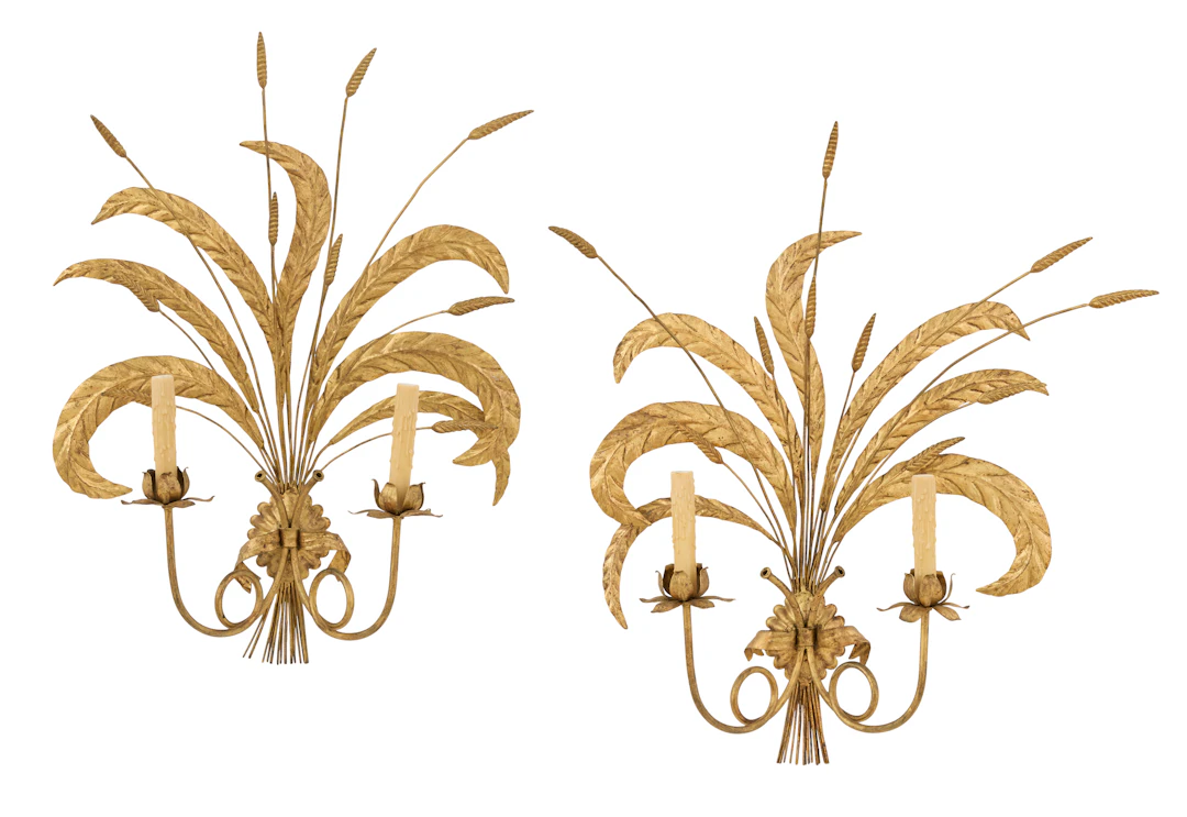 Pair of Italian Gilt-Metal Sheaf-of-Wheat Two-Light Sconces