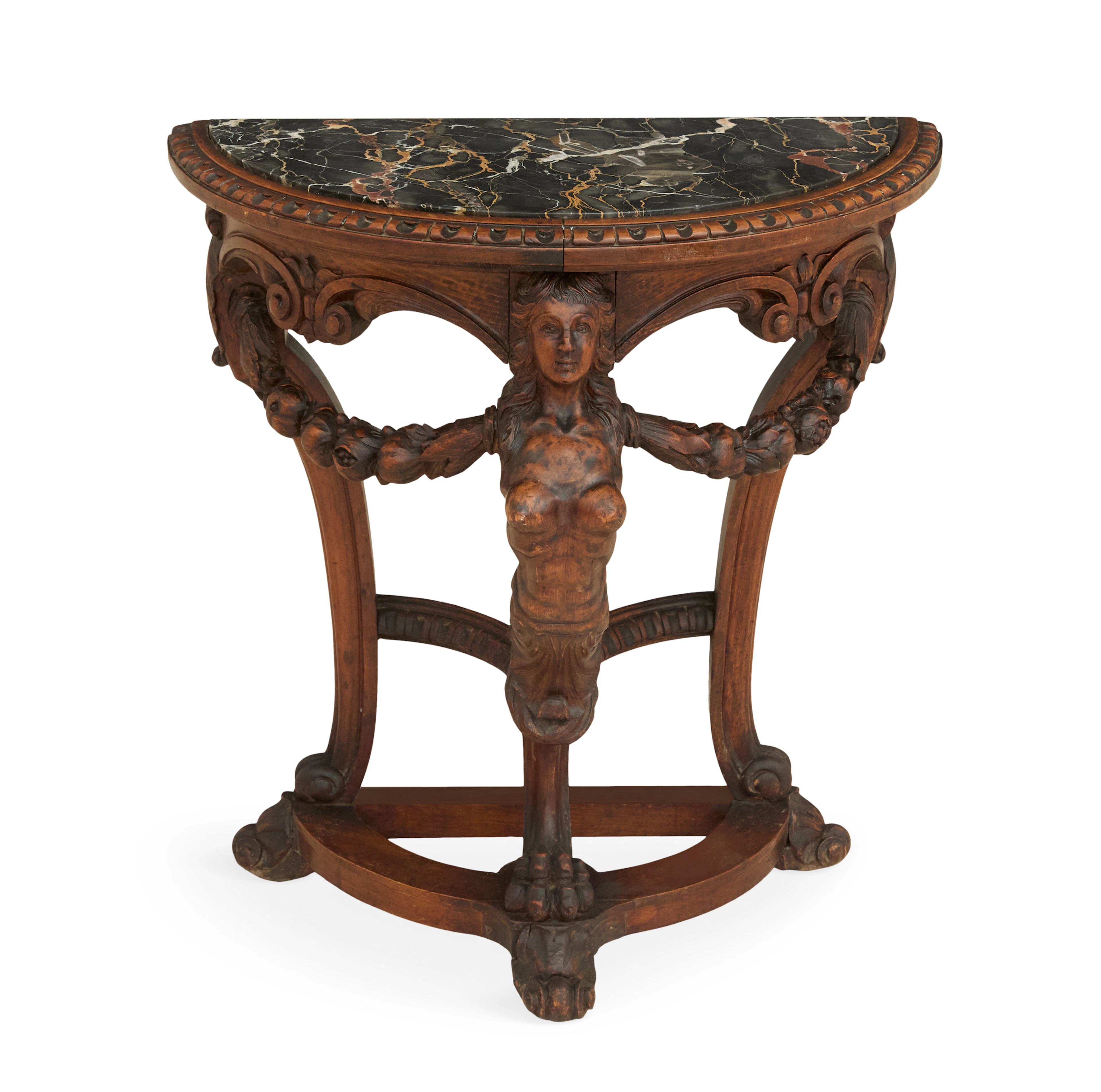 Italian Walnut and Marble-Top Demilune Console Table