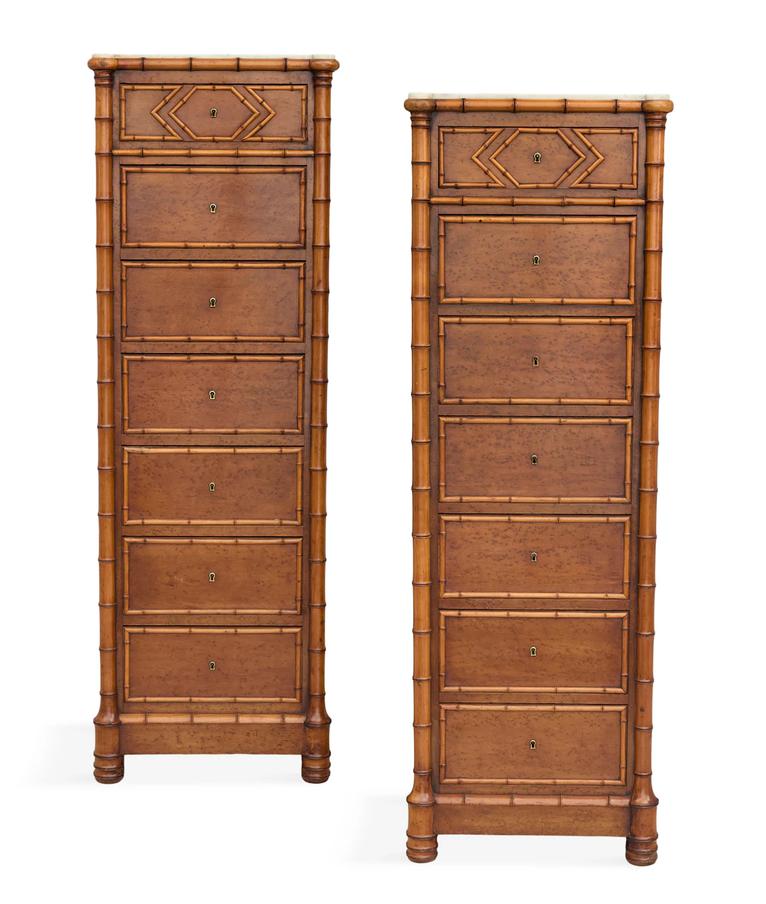 Pair of French Bird's-Eye Maple, Faux Bamboo and Marble-Top Semainiers
