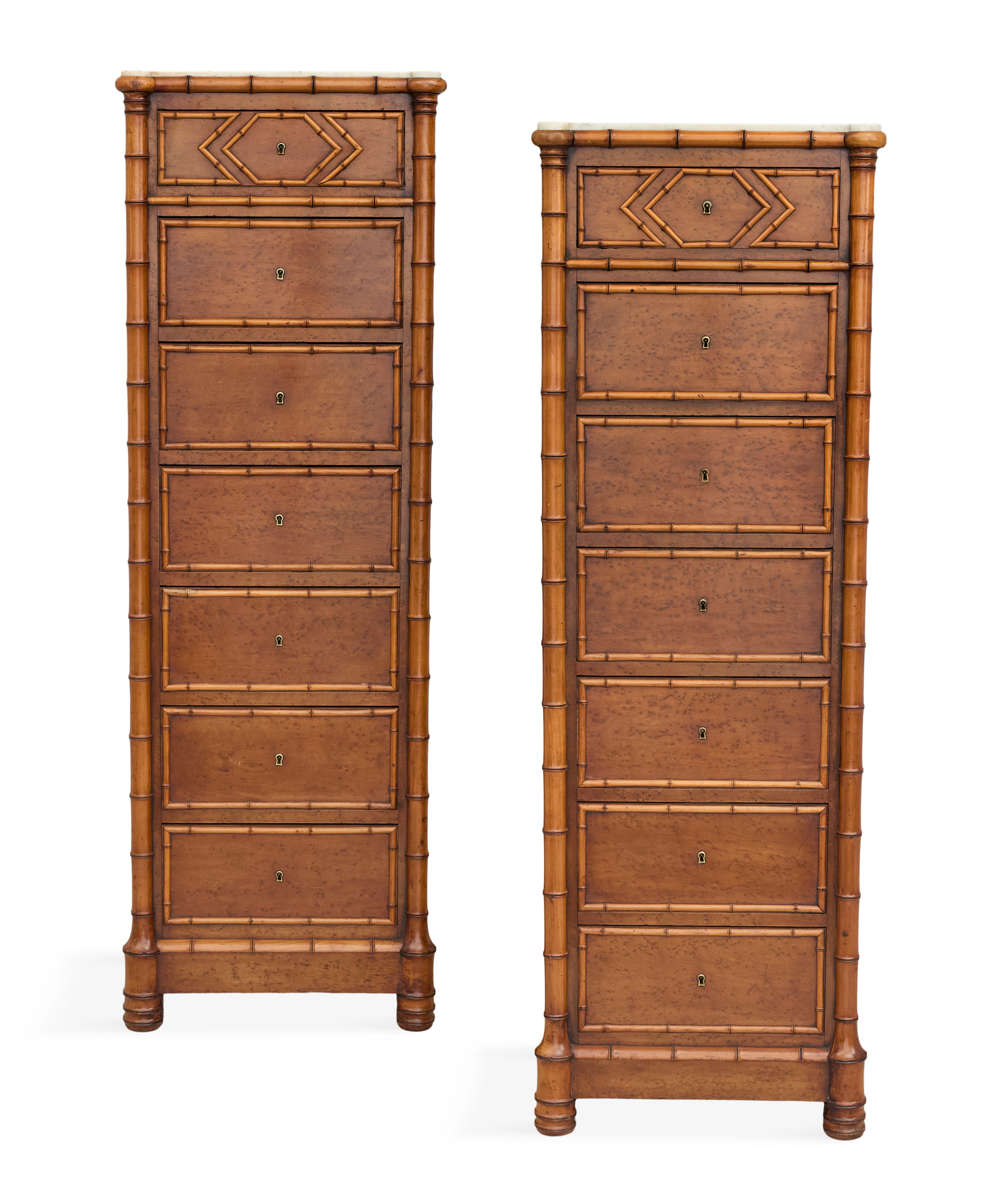 Pair of French Bird's-Eye Maple, Faux Bamboo and Marble-Top Semainiers