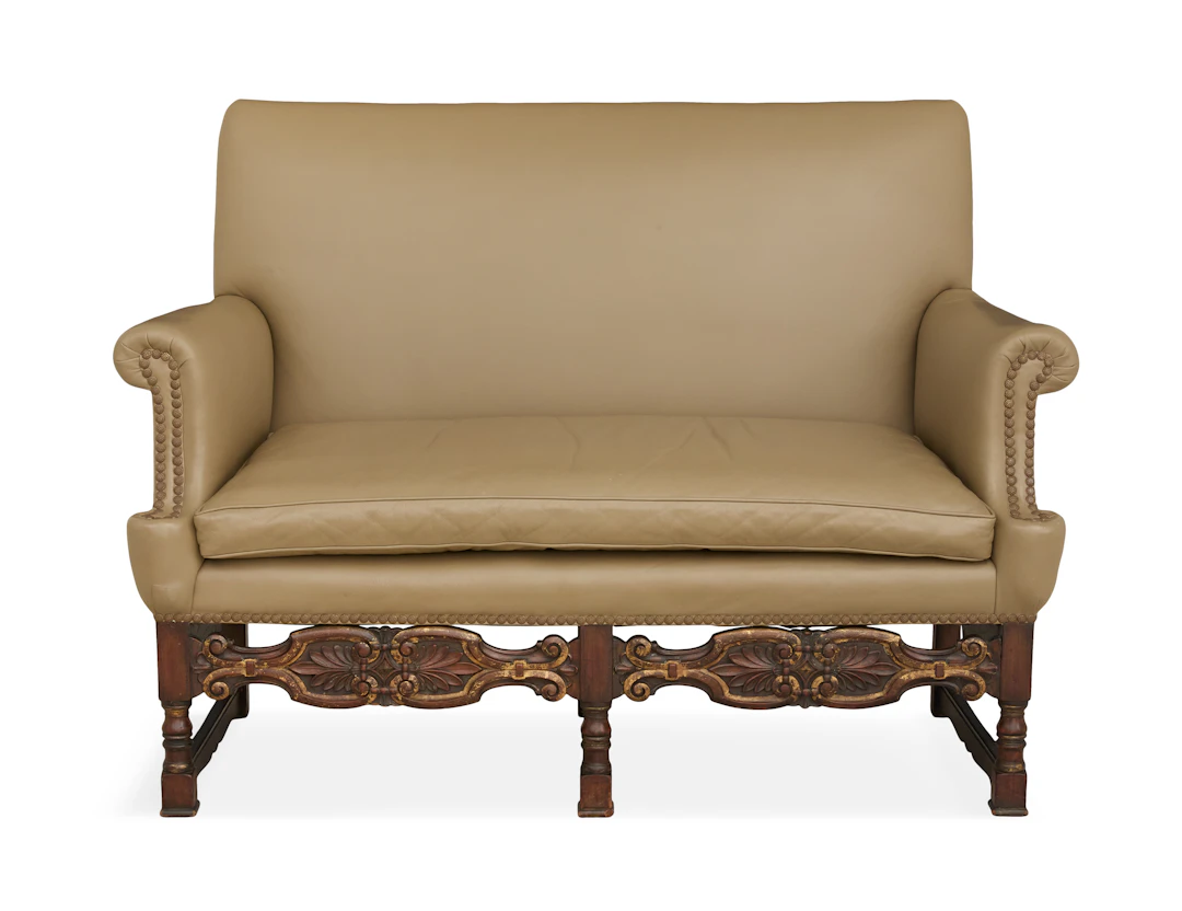 Flemish-Style Walnut and Leather Settee