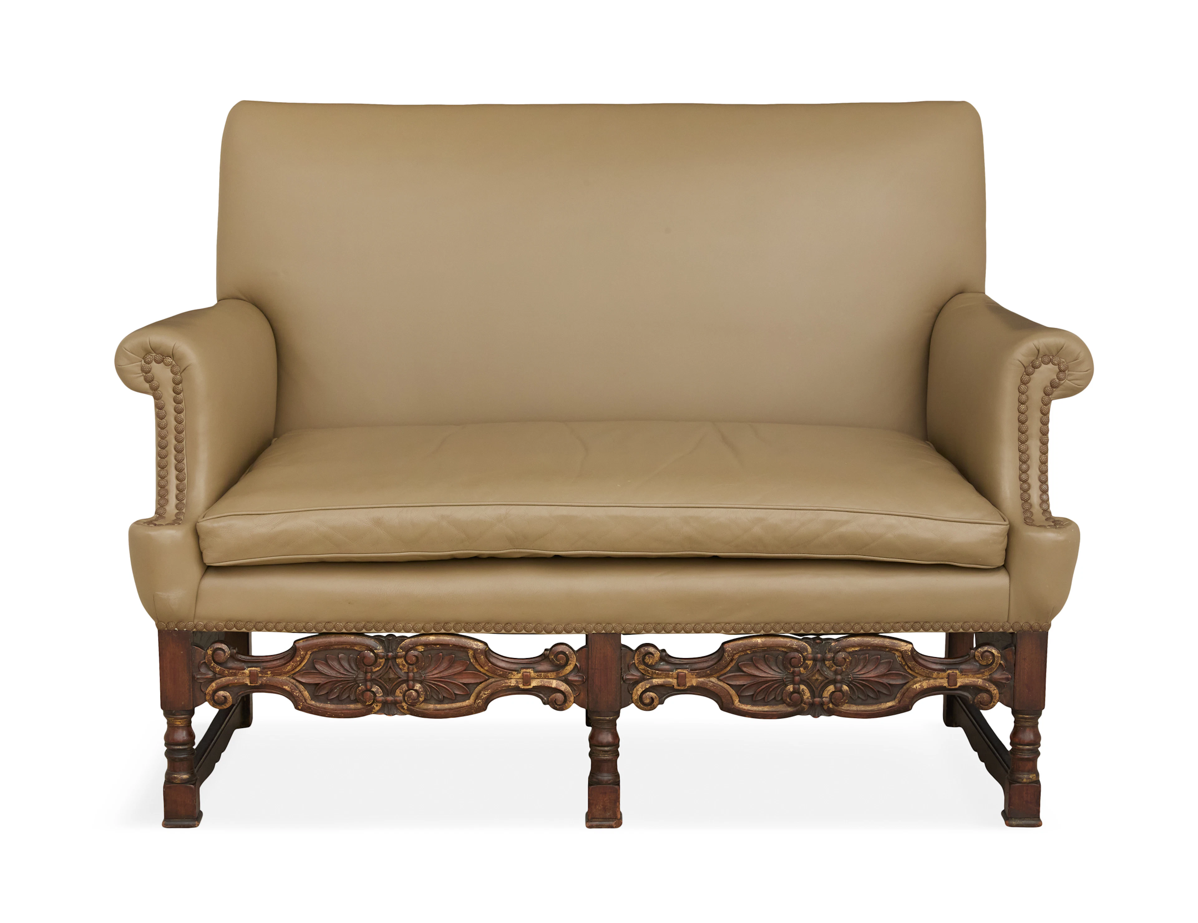 Flemish-Style Walnut and Leather Settee