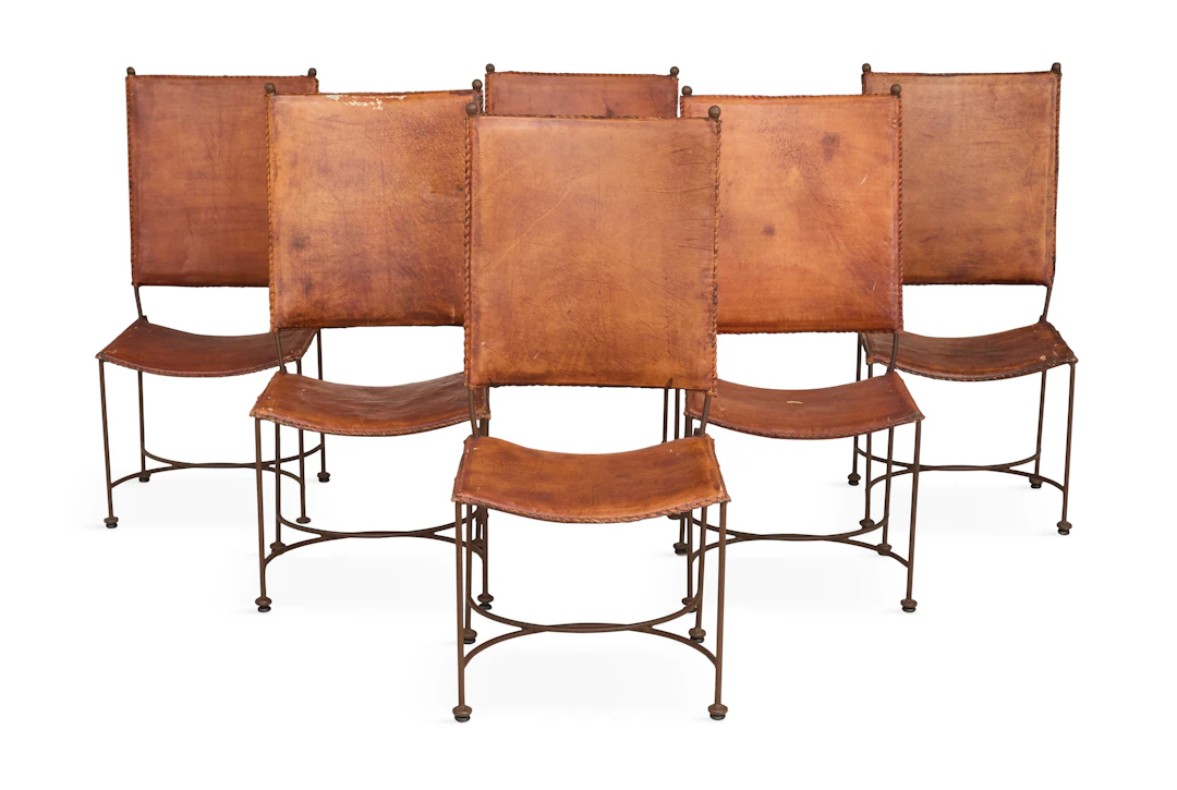 Suite of Six Iron and Leather Chairs