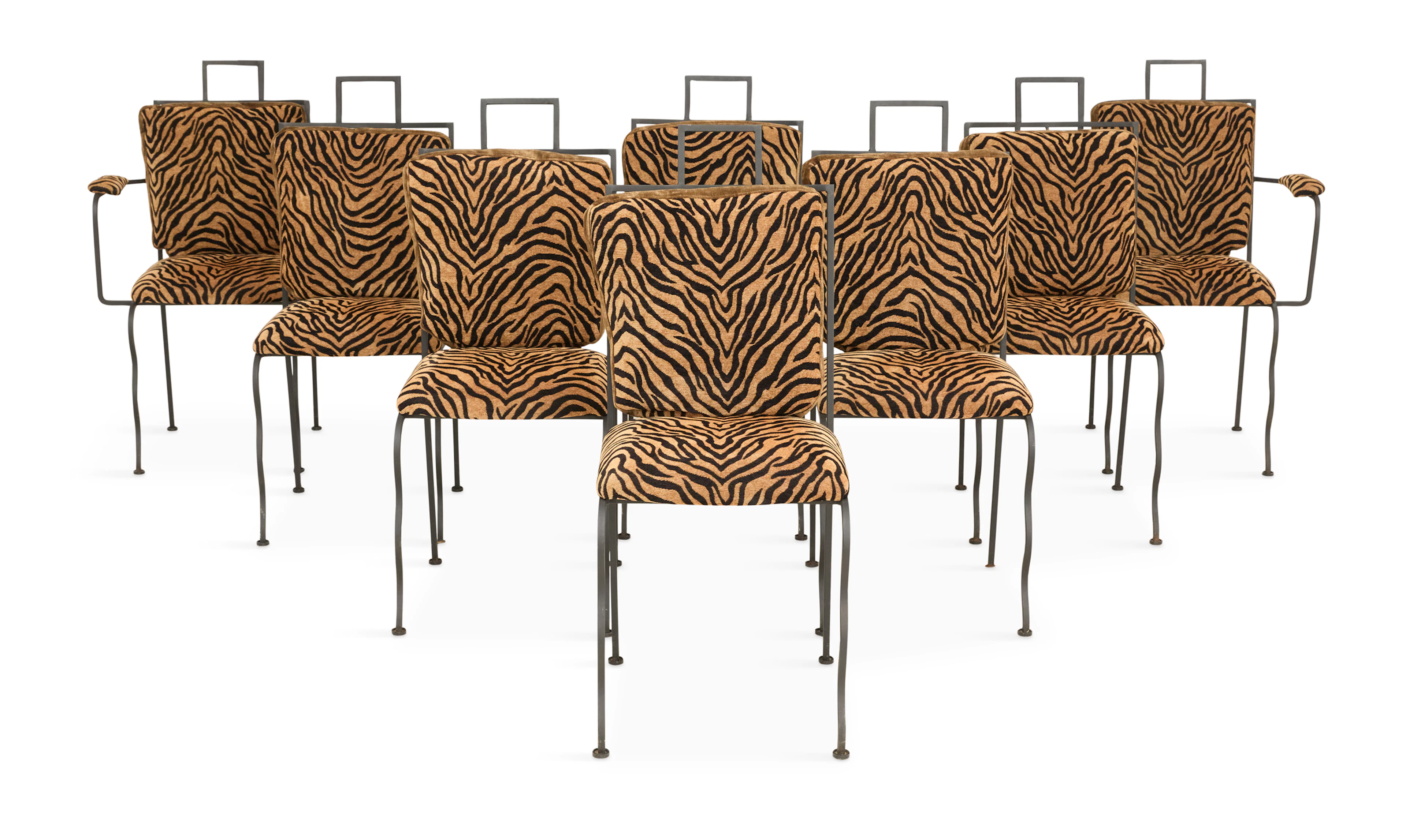 Suite of Eight Post-Modern Wrought-Iron Dining Chairs