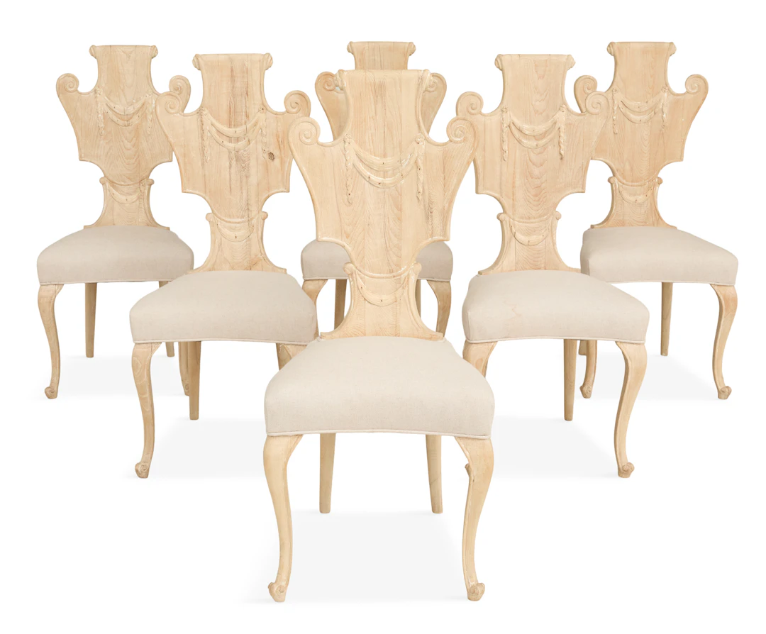 Suite of Six Italian Neoclassical-Style Pickled Pine Chairs