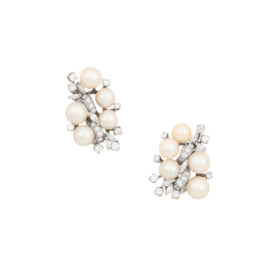 Pair of Pearl and Diamond Cluster Ear Clips