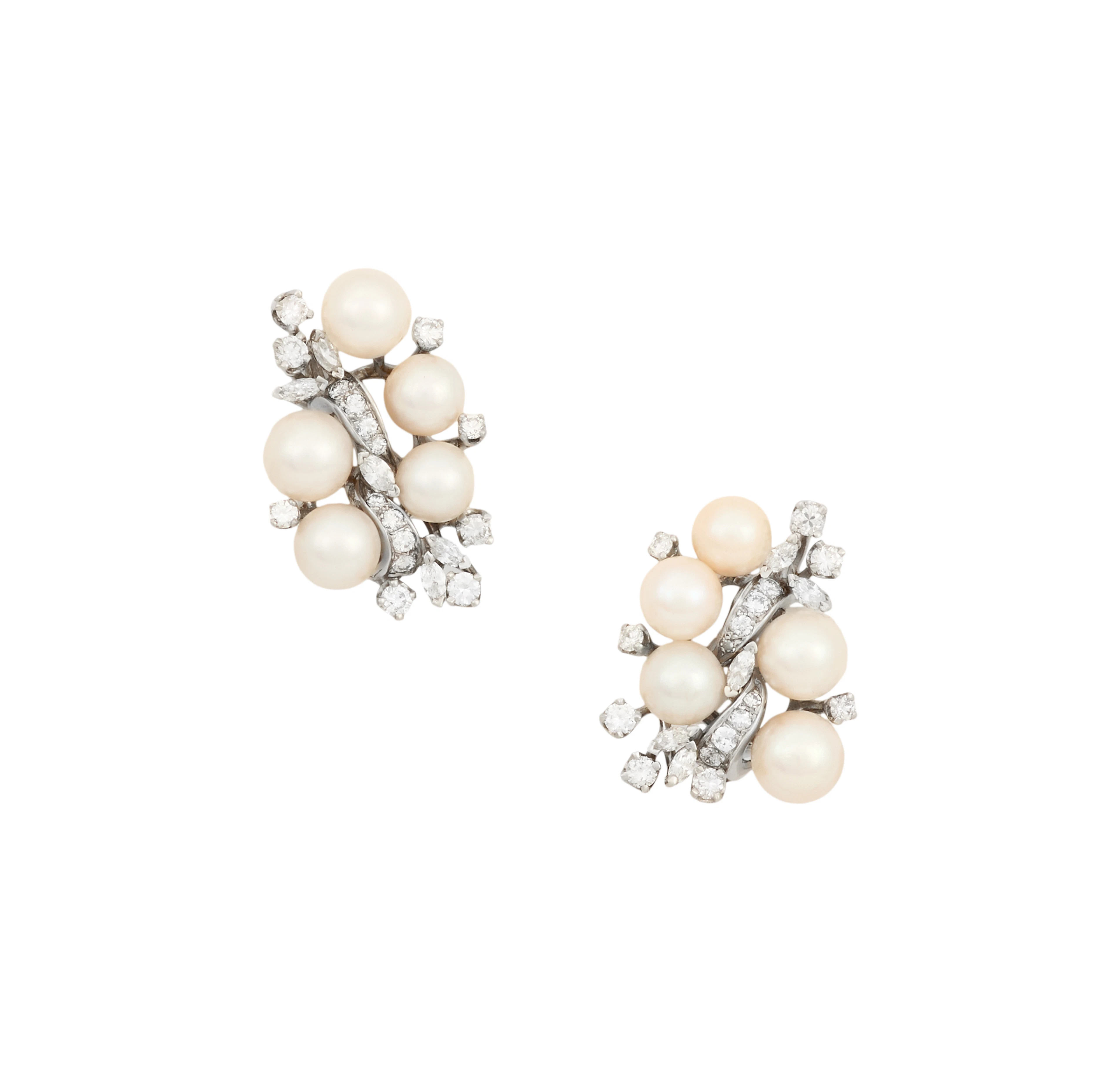 Pair of Pearl and Diamond Cluster Ear Clips