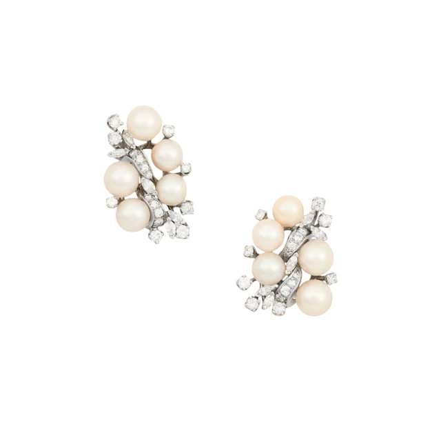 Pair of Pearl and Diamond Cluster Ear Clips