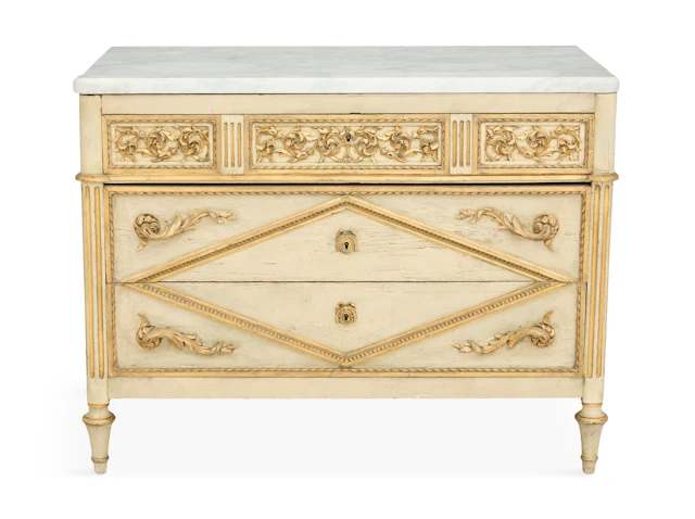 Italian Painted, Parcel-Gilt and Marble-Top Commode
