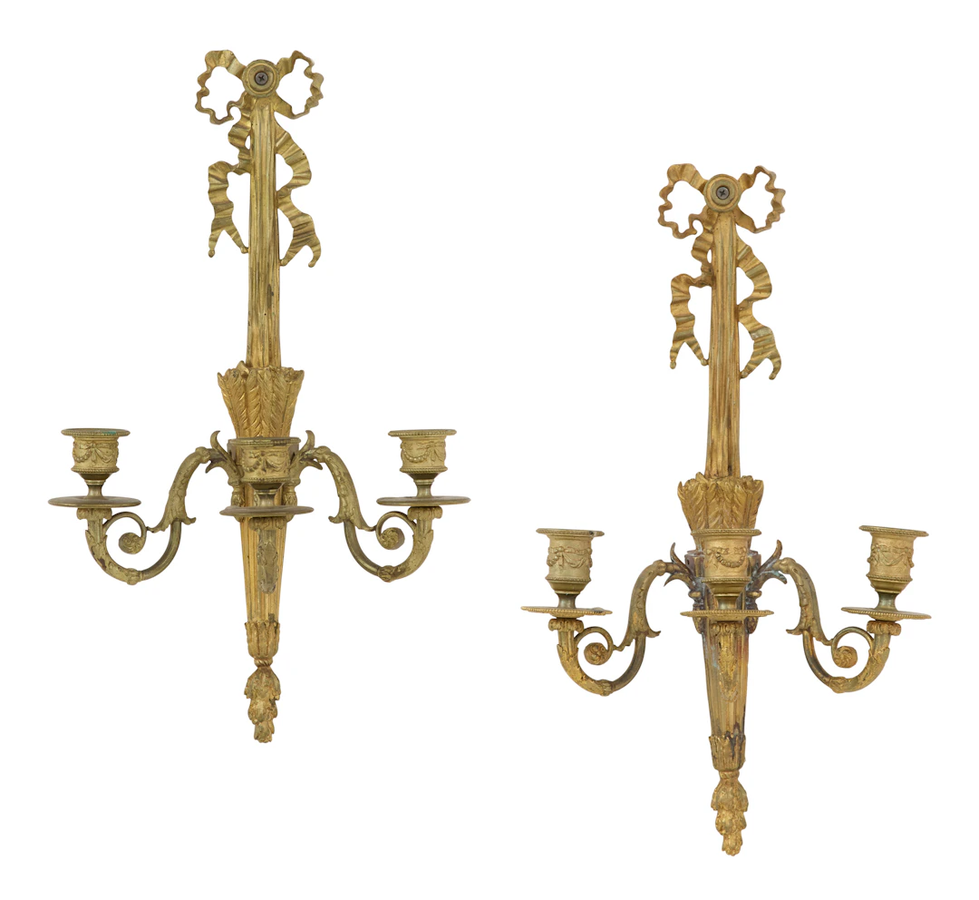 Pair of French Gilt-Bronze Three-Light Candle Sconces