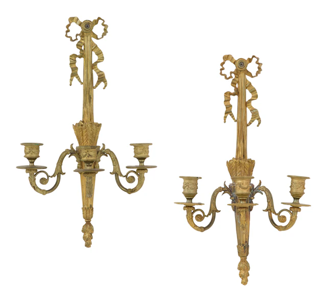 Pair of French Gilt-Bronze Three-Light Candle Sconces