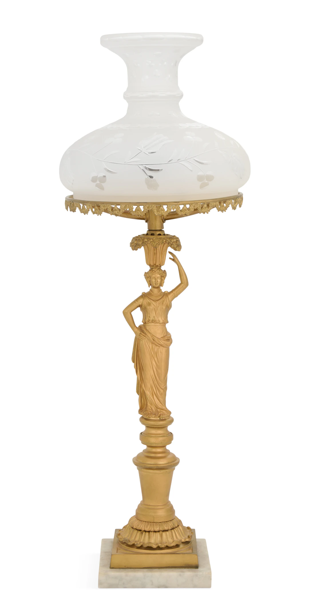American Gilt-Bronze and Glass Figural Argand Lamp