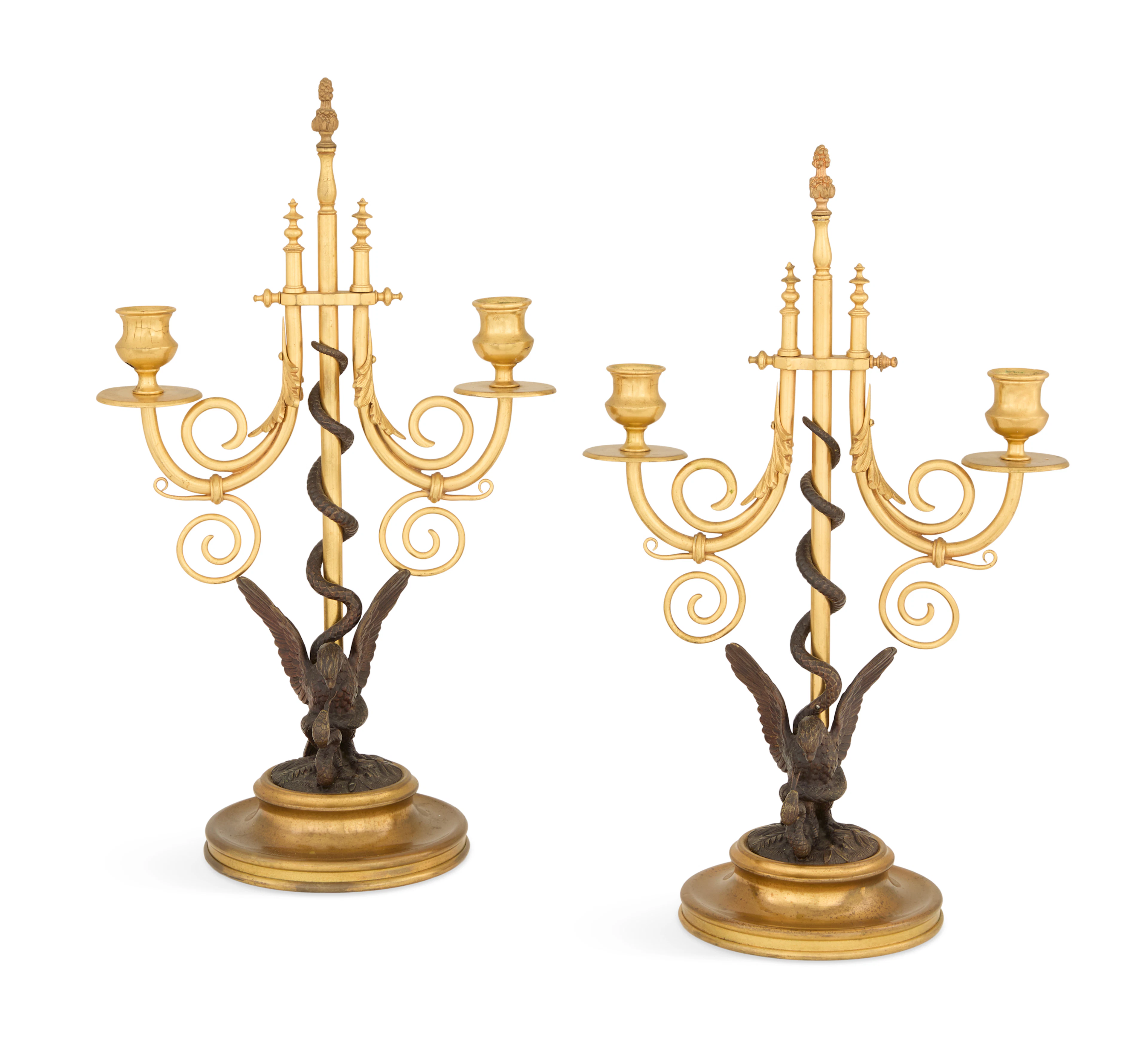 Pair of French Neo-Grec Brass and Patinated Bronze Candelabra