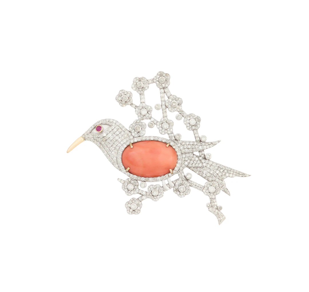 Diamond and Coral Bird Brooch