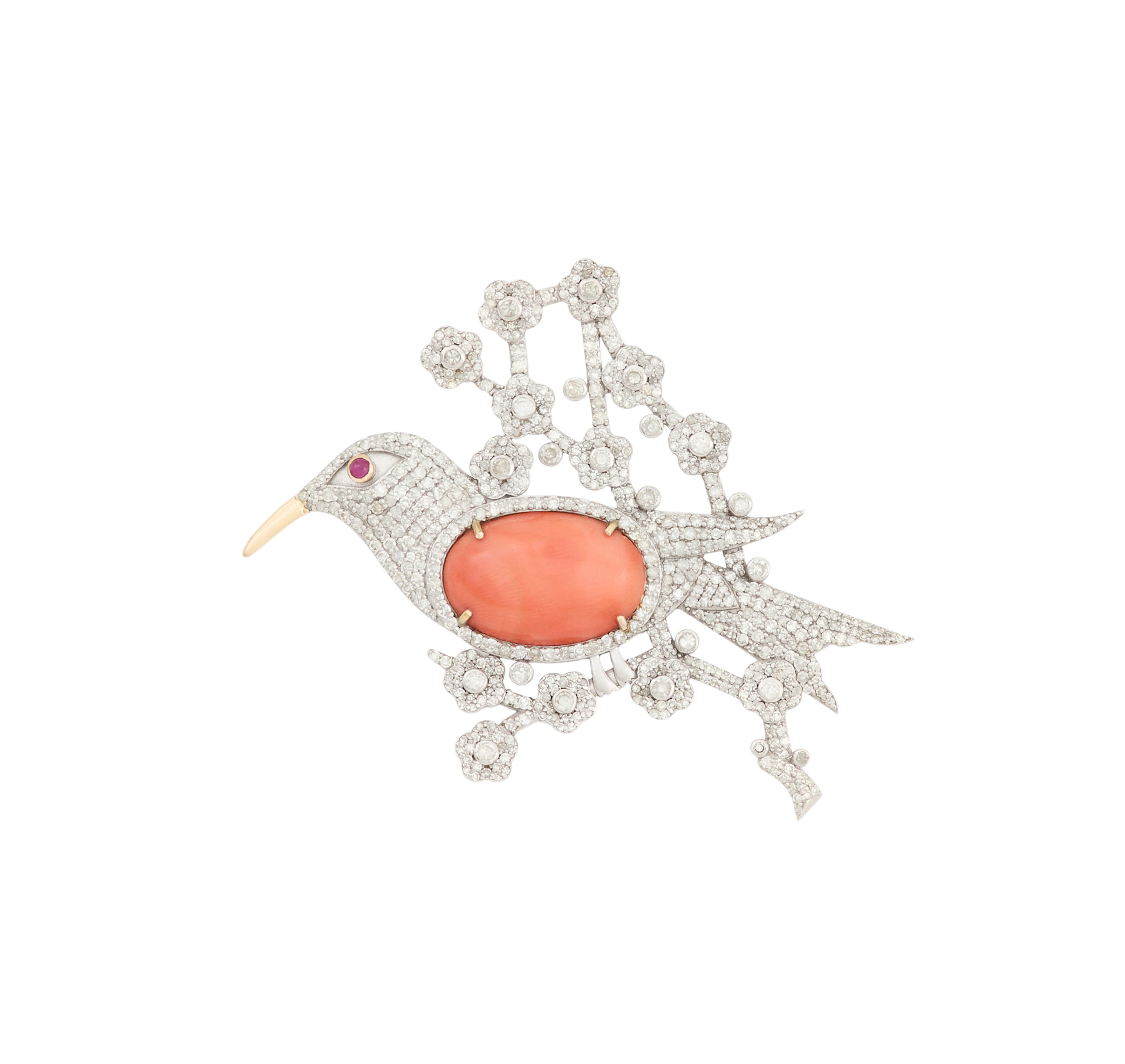 Diamond and Coral Bird Brooch