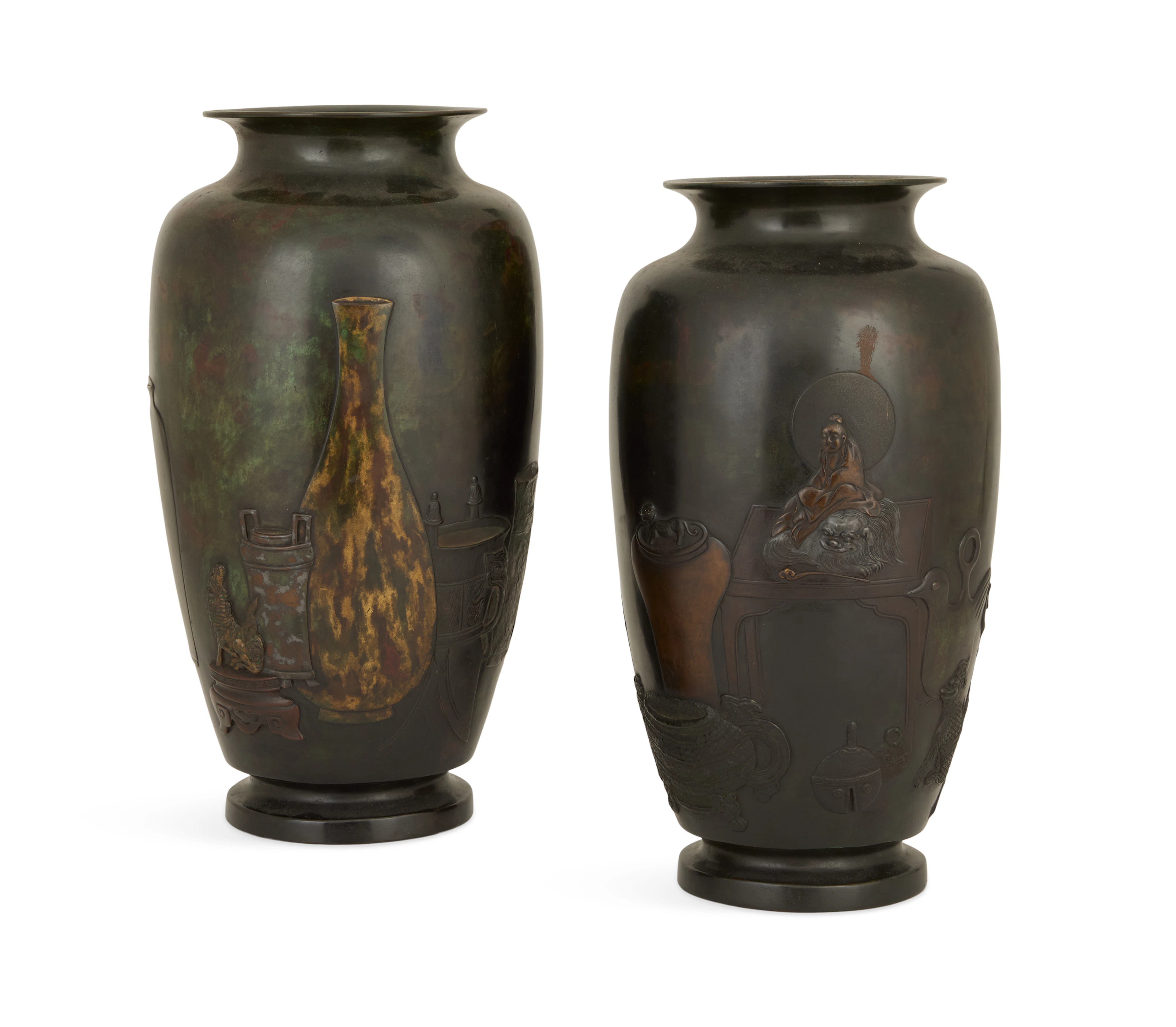 Pair of Japanese Meiji Bronze "10,000 Year Green" Vases