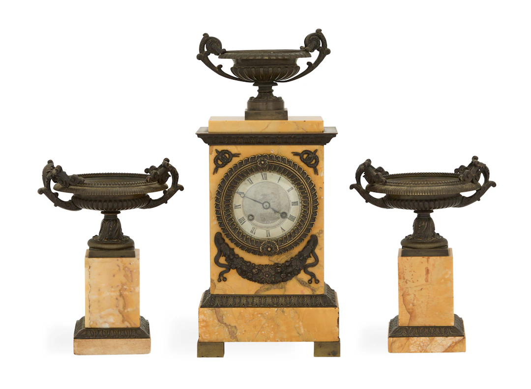 French Bronze Patine and Marble Clock Garniture Set