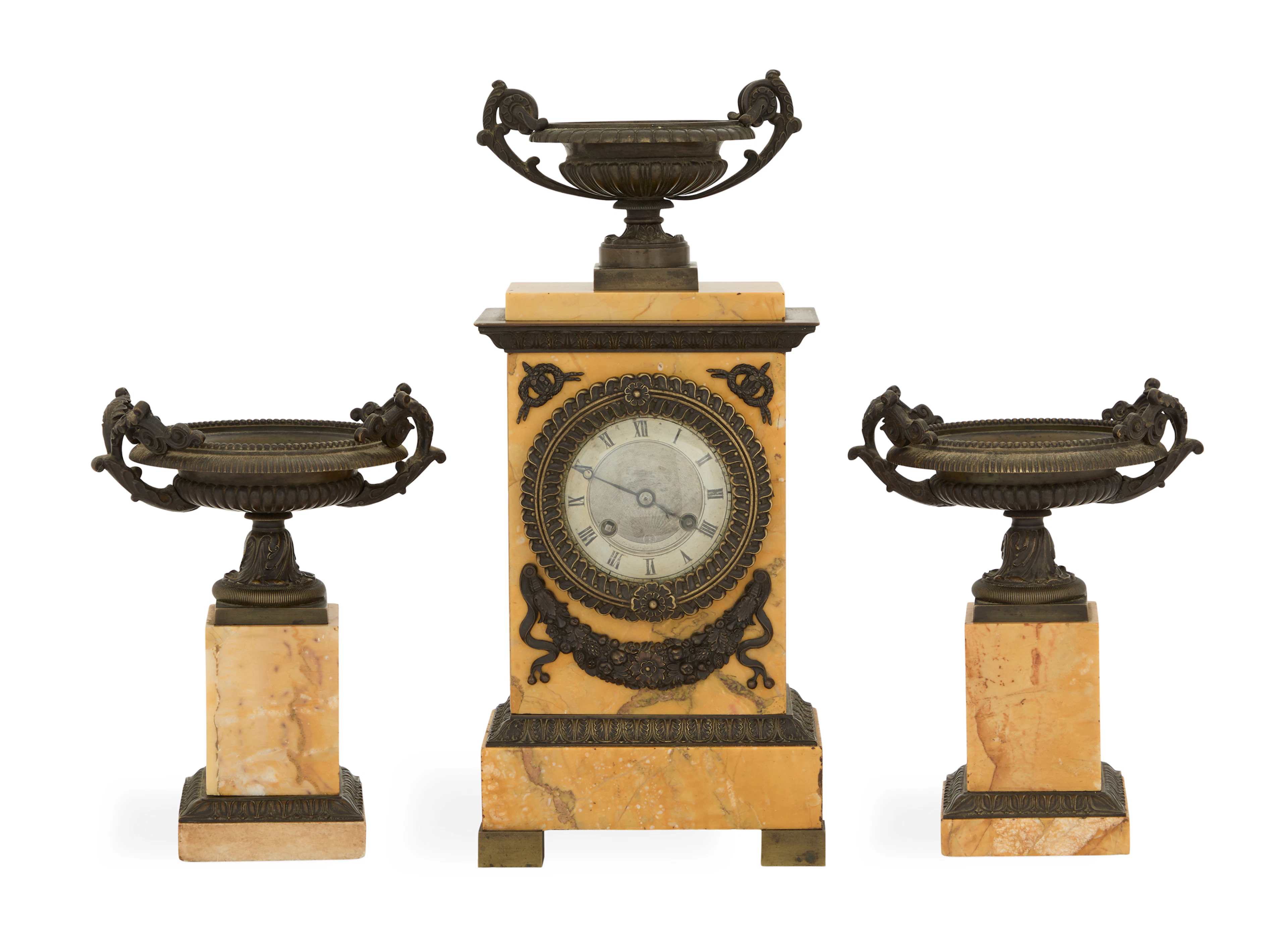 French Bronze Patine and Marble Clock Garniture Set