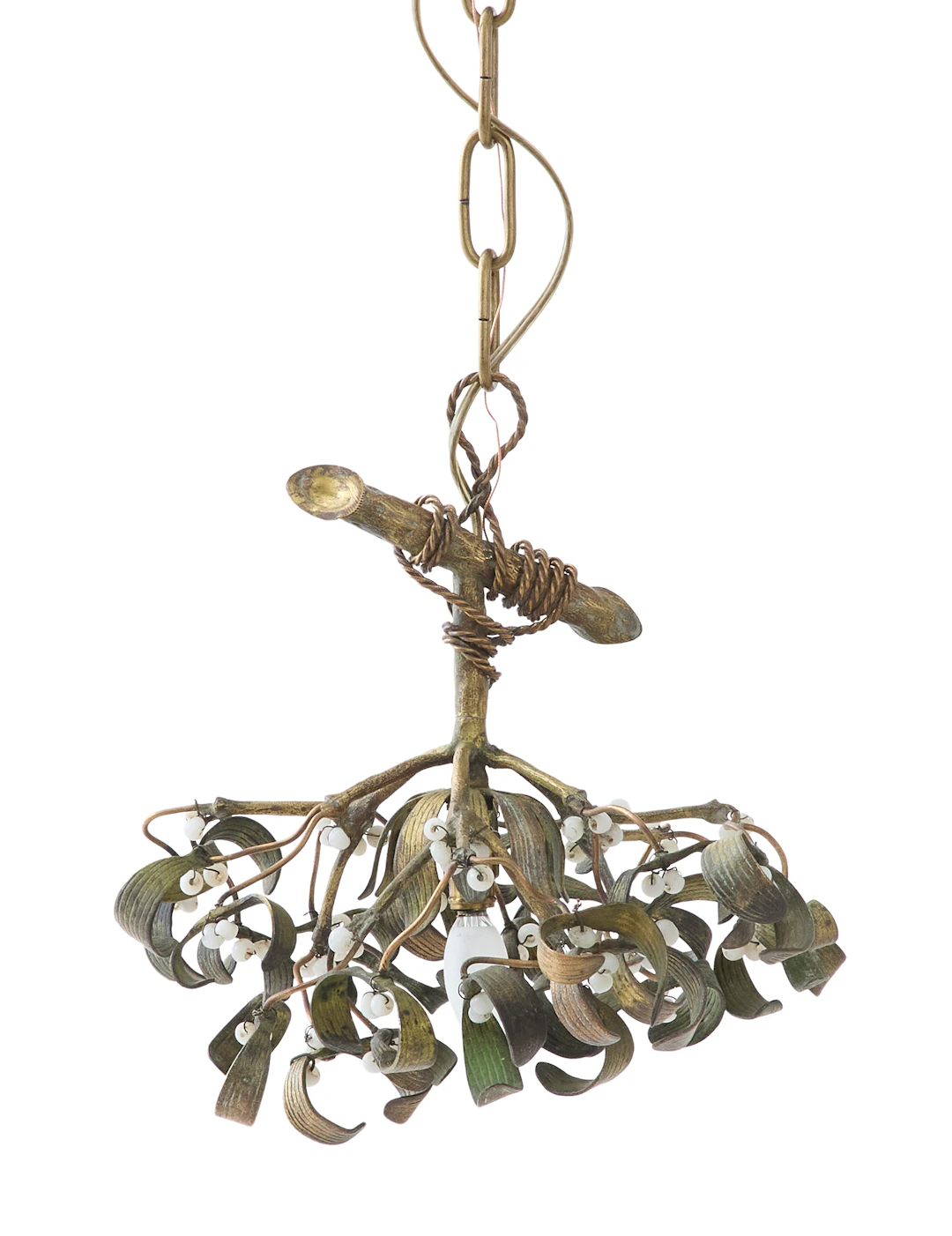 French Bronze and Opaline "Mistletoe" Pendant Light