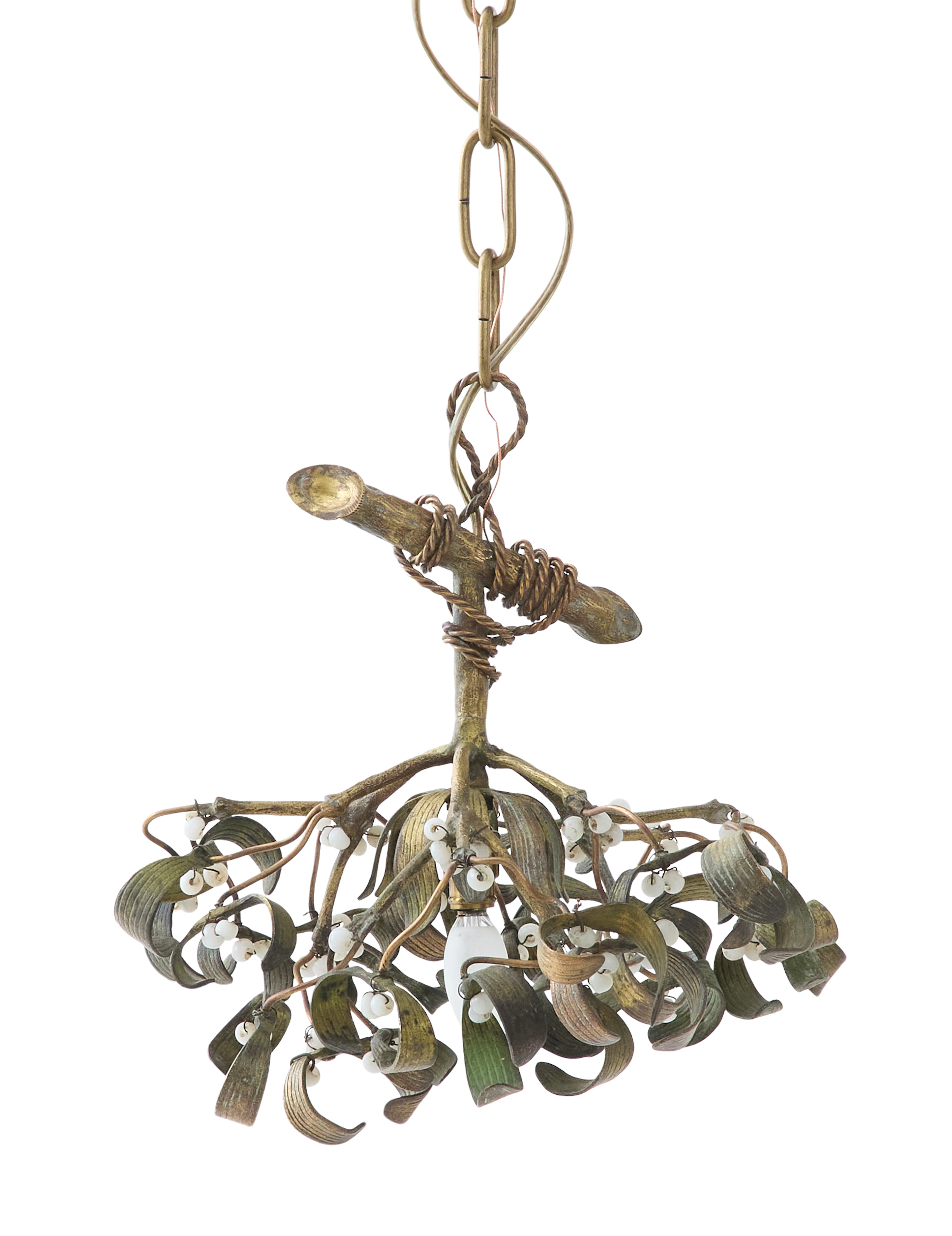 French Bronze and Opaline "Mistletoe" Pendant Light