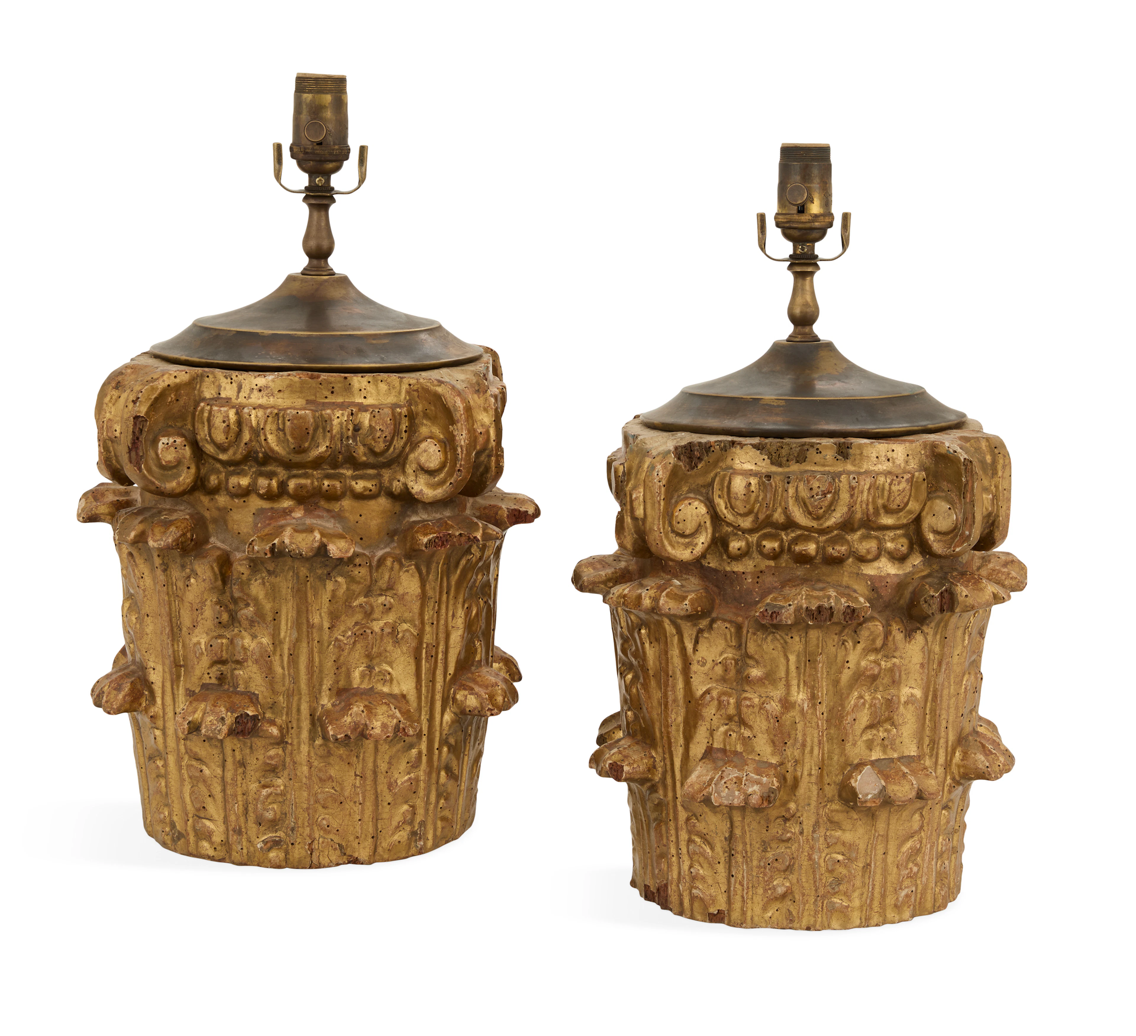 Pair of Italian Giltwood Capital Lamps