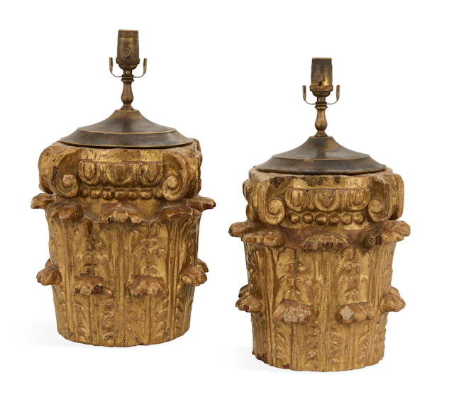 Pair of Italian Giltwood Capital Lamps