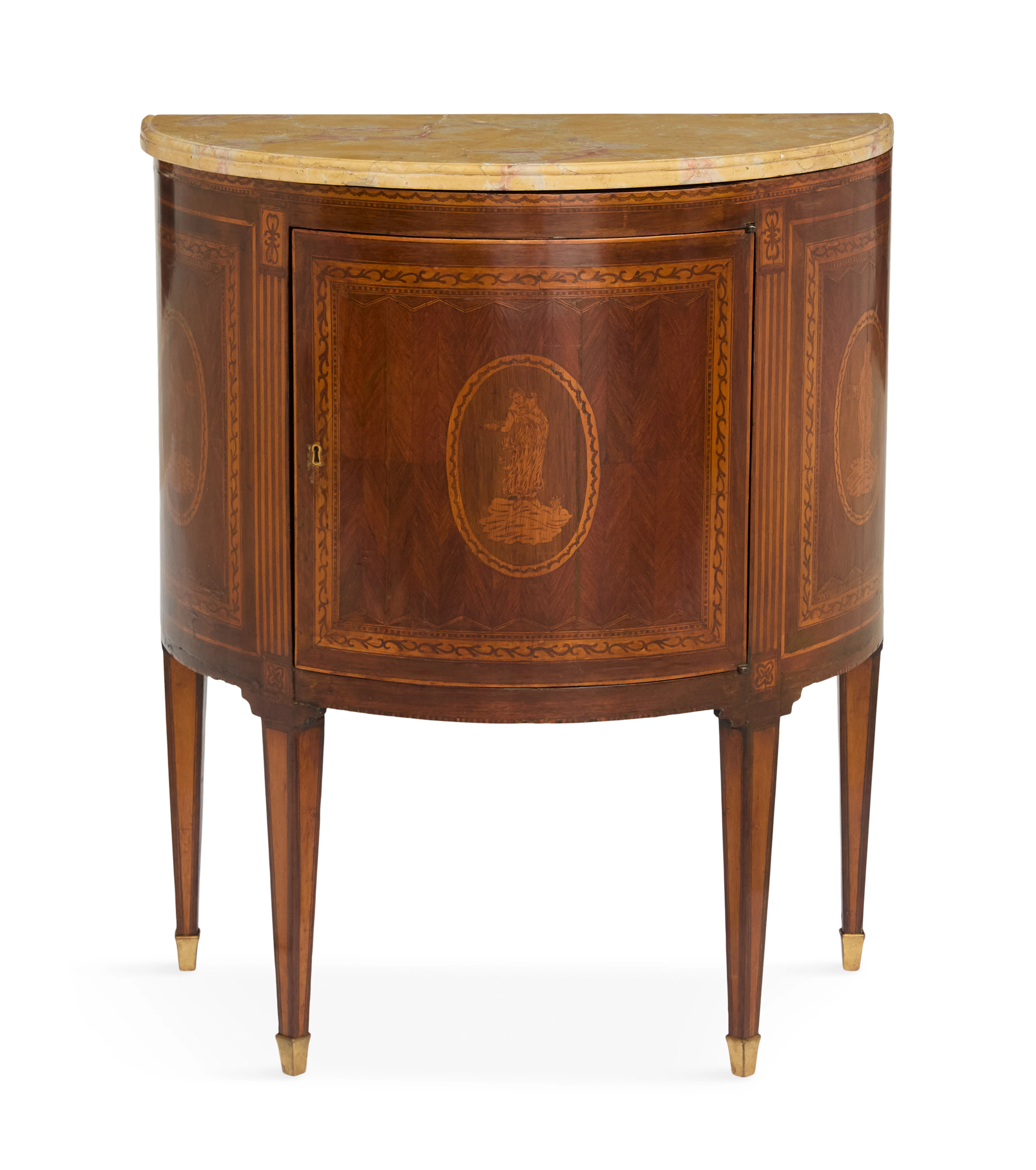 Italian Neoclassical Walnut-Inlaid and Marble-Top Side Cabinet