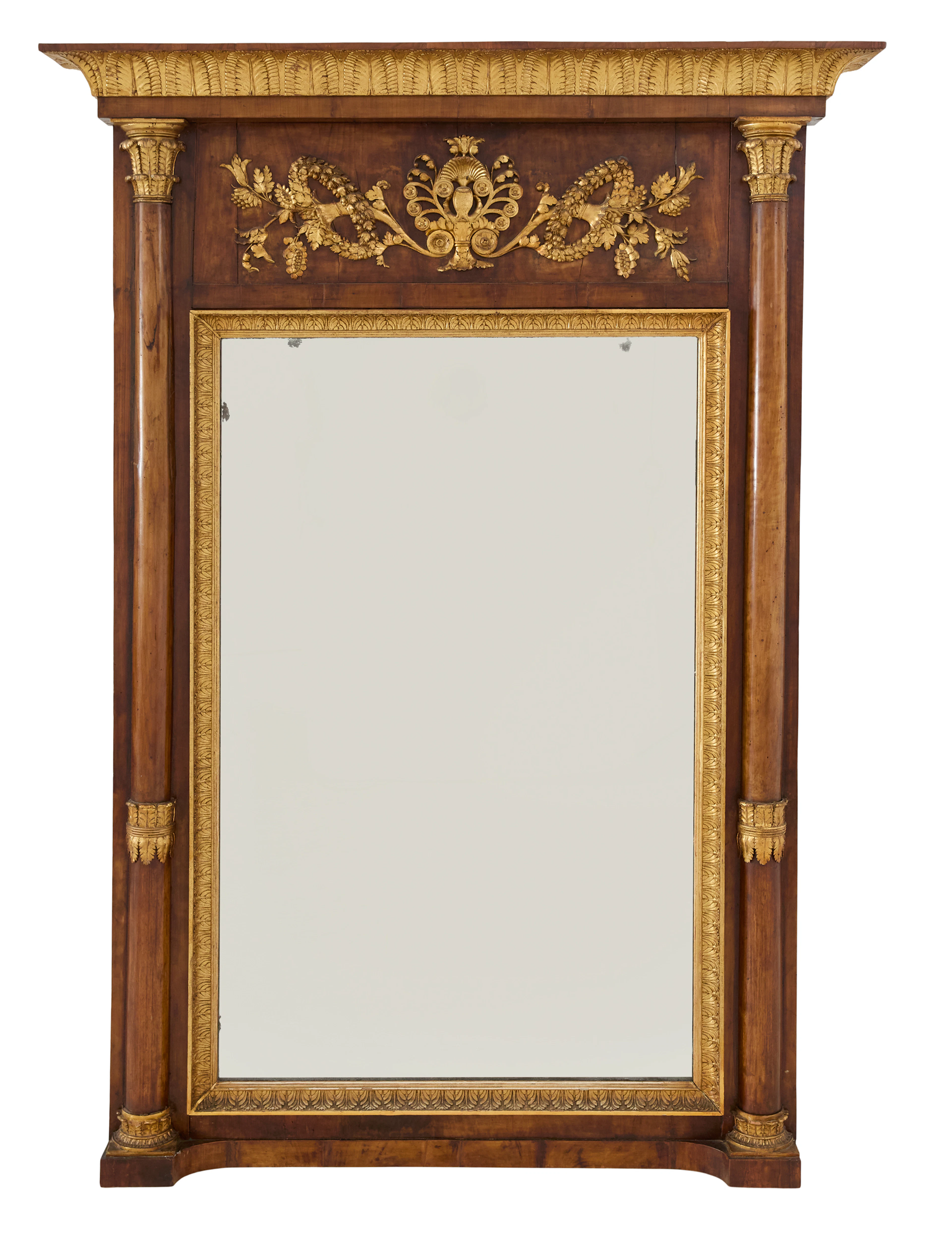 Impressive Biedermeier Walnut and Parcel-Giltwood Mirror