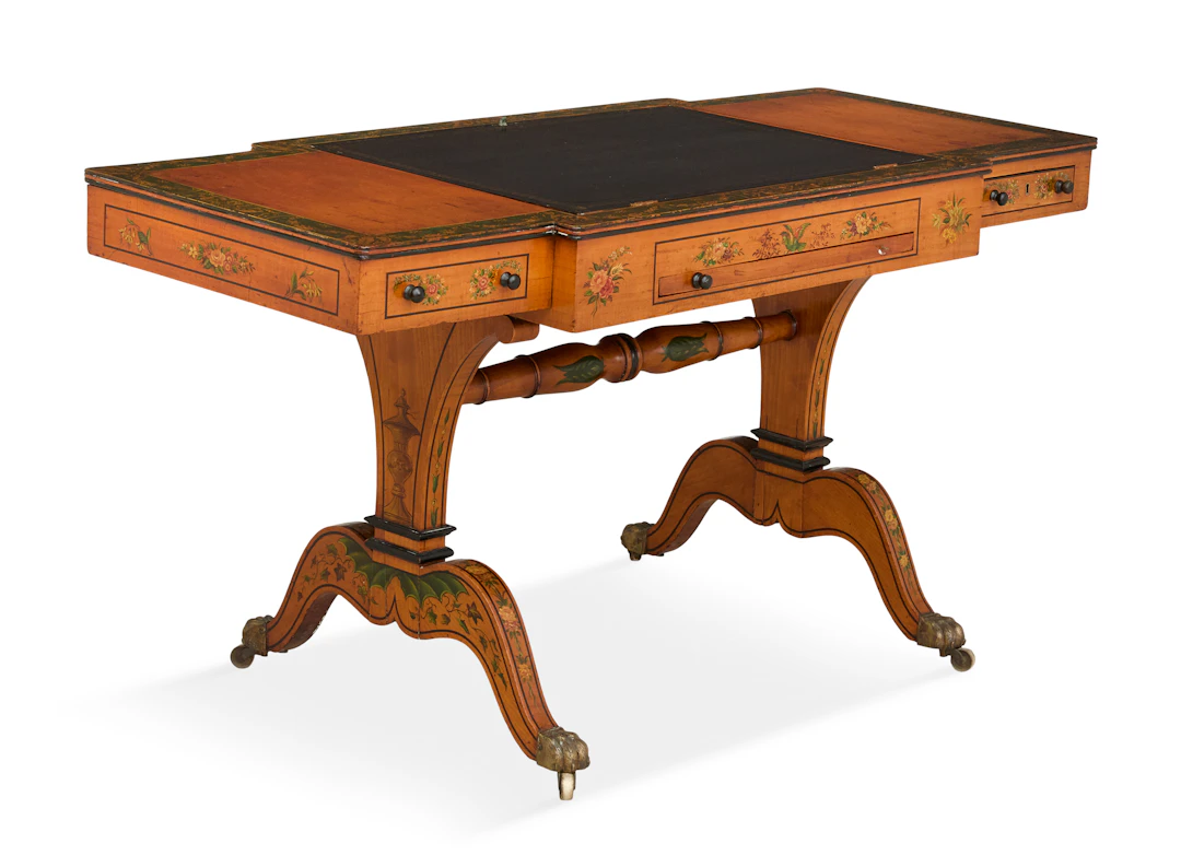 Highly Unusual Regency Satinwood and Floral-Painted Writing Desk
