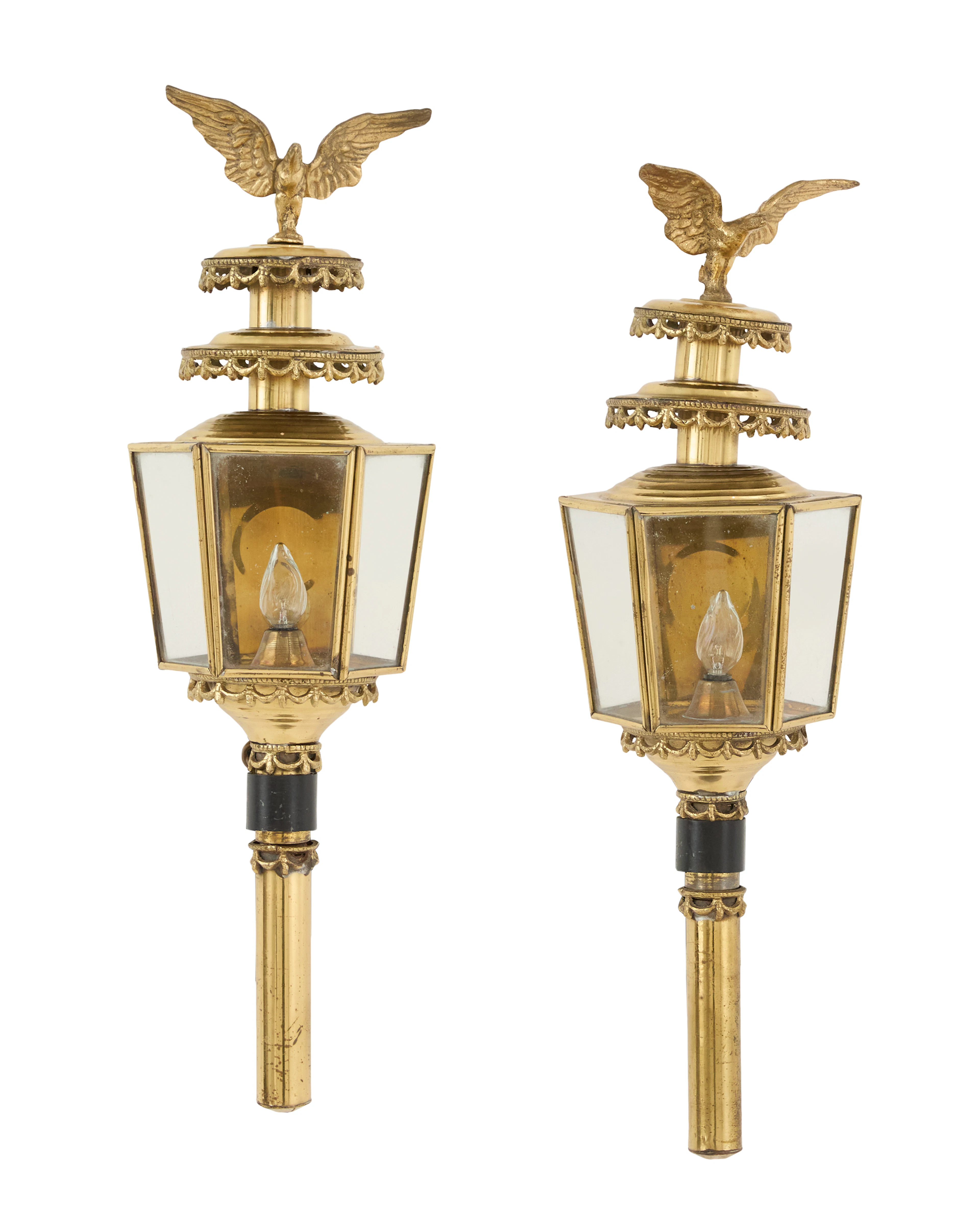Pair of English Brass and Iron Coach-Style Lamps