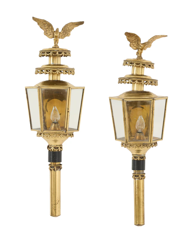 Pair of English Brass and Iron Coach-Style Lamps