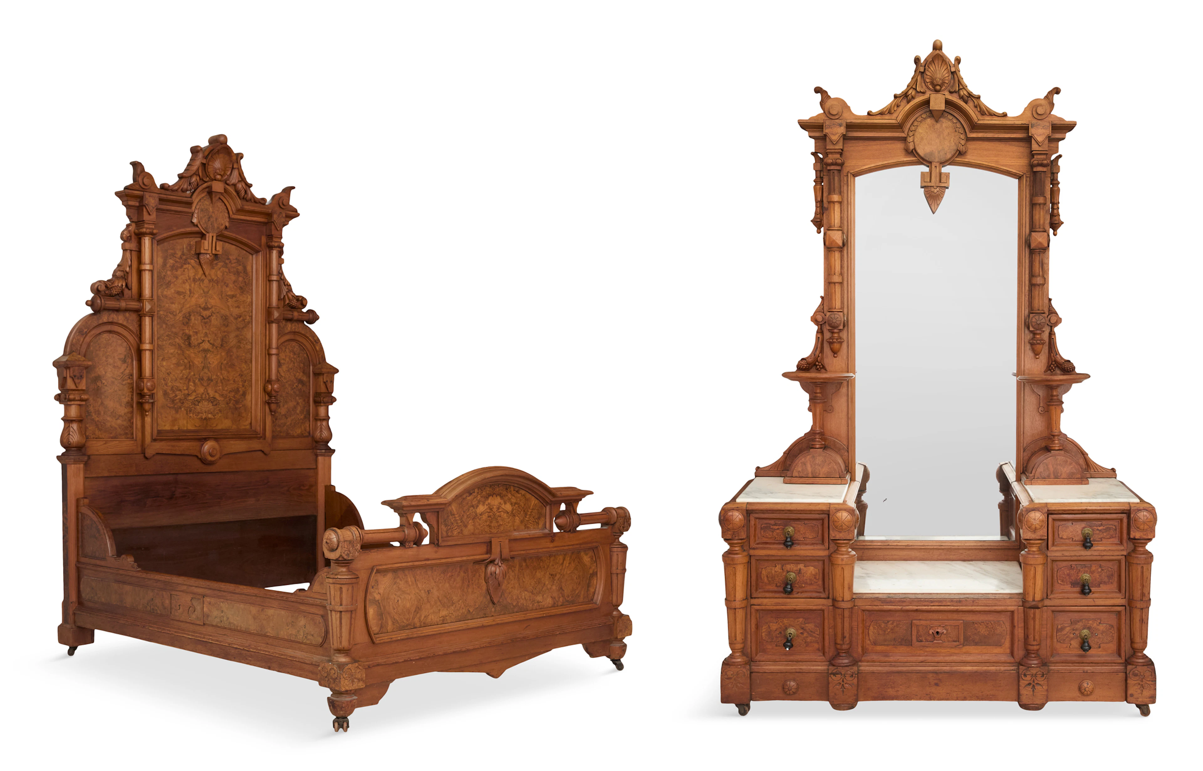 American Renaissance Revival Burl Walnut and Marble-Top Bed Set