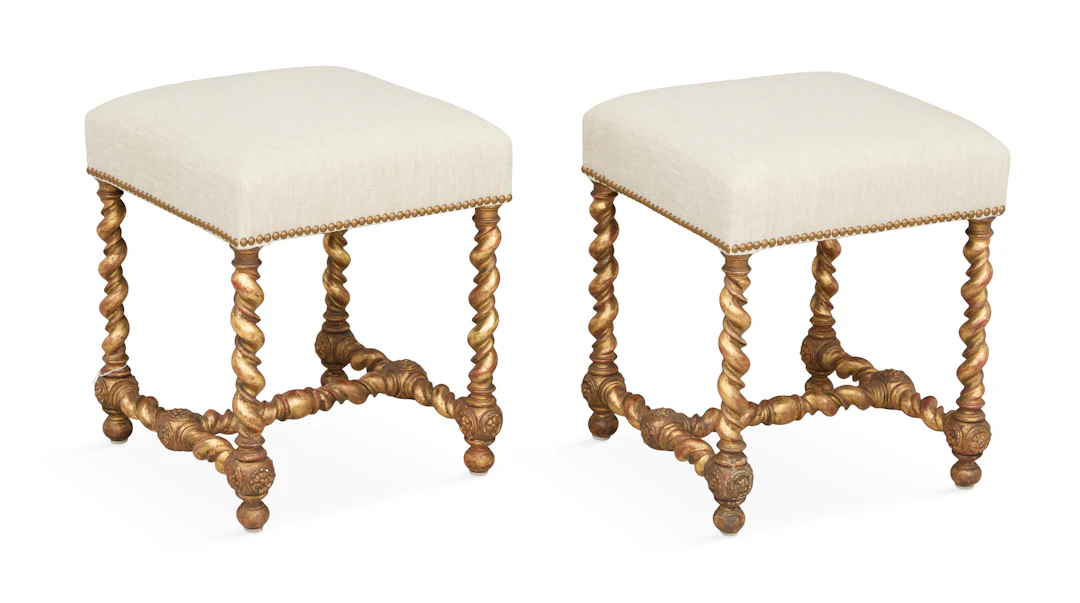 Pair of English Baroque-Style Giltwood Stools