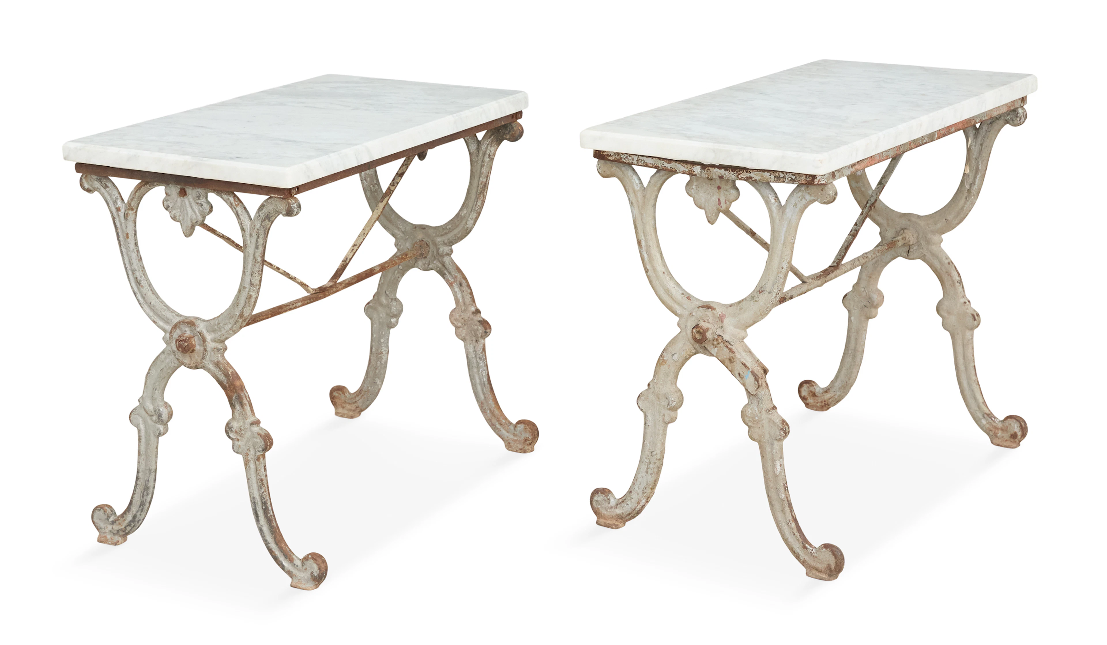 Pair of French Cast-Iron and Marble-Top Garden Tables