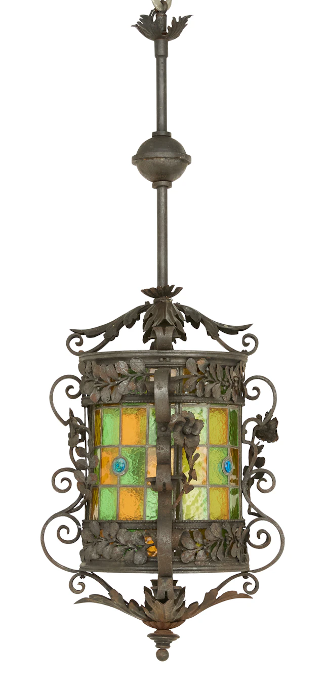 Stained Glass and Patinated Metal Lantern