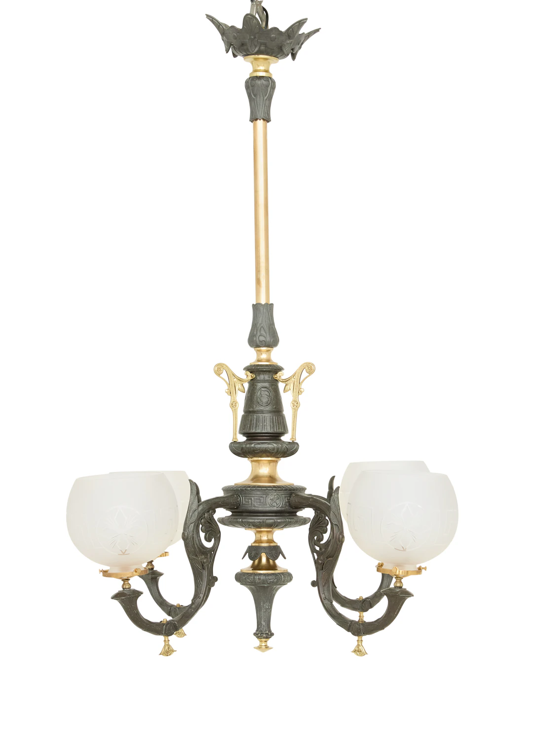Patinated Metal and Bronze-Trimmed Gasolier