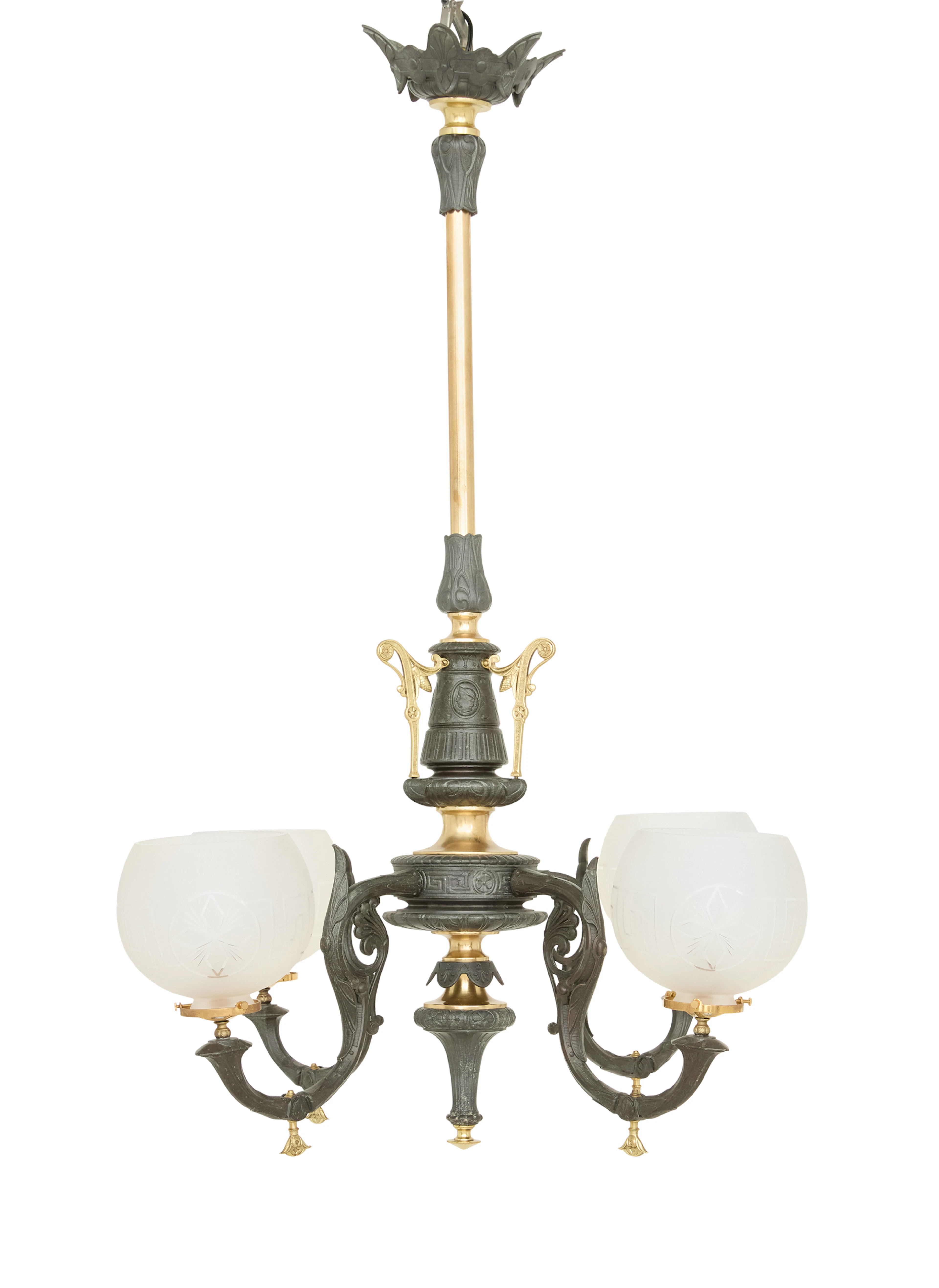 Patinated Metal and Bronze-Trimmed Gasolier