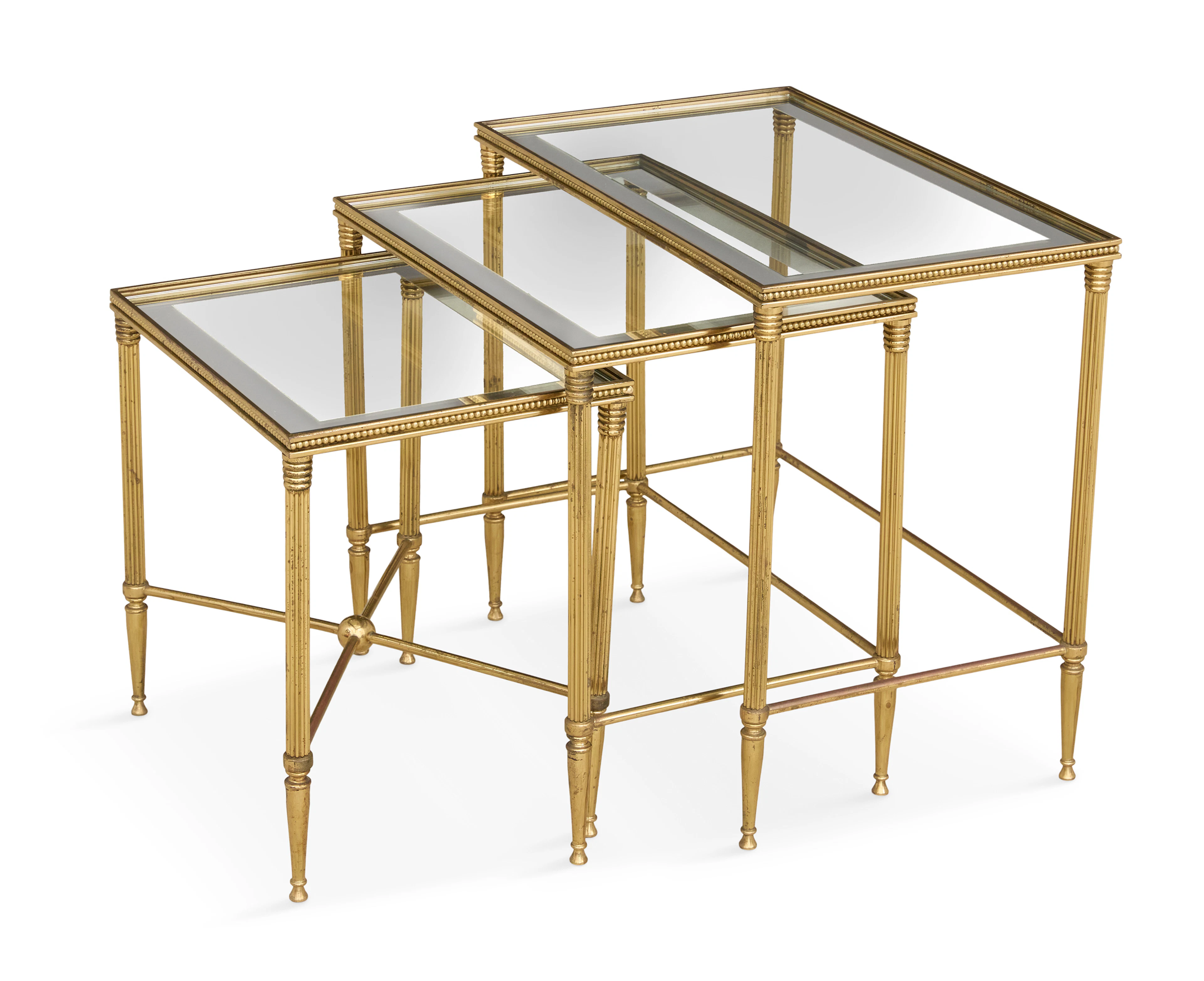 Set of Three Mid-Century Modern Brass and Glass Nesting Tables