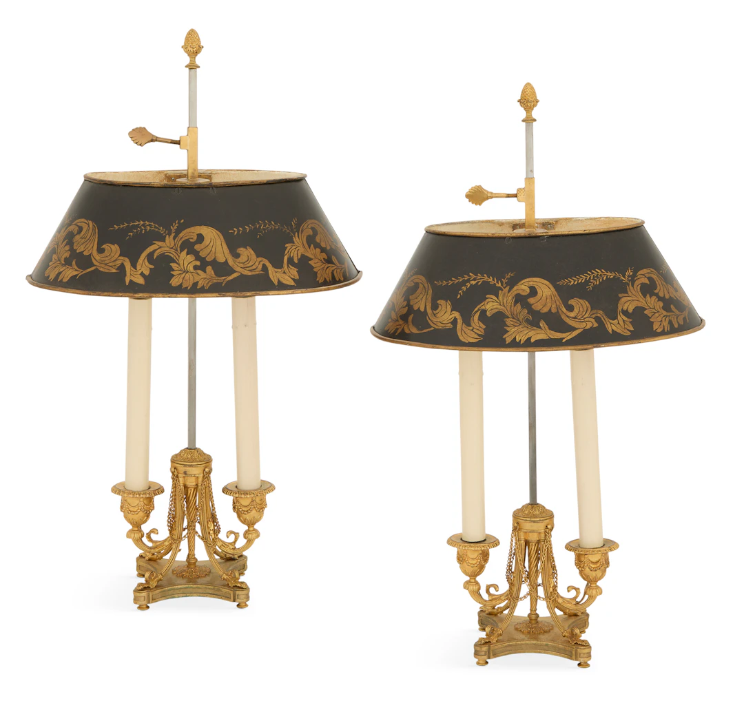 Pair of Petite French Bronze and Tole Bouillotte Lamps