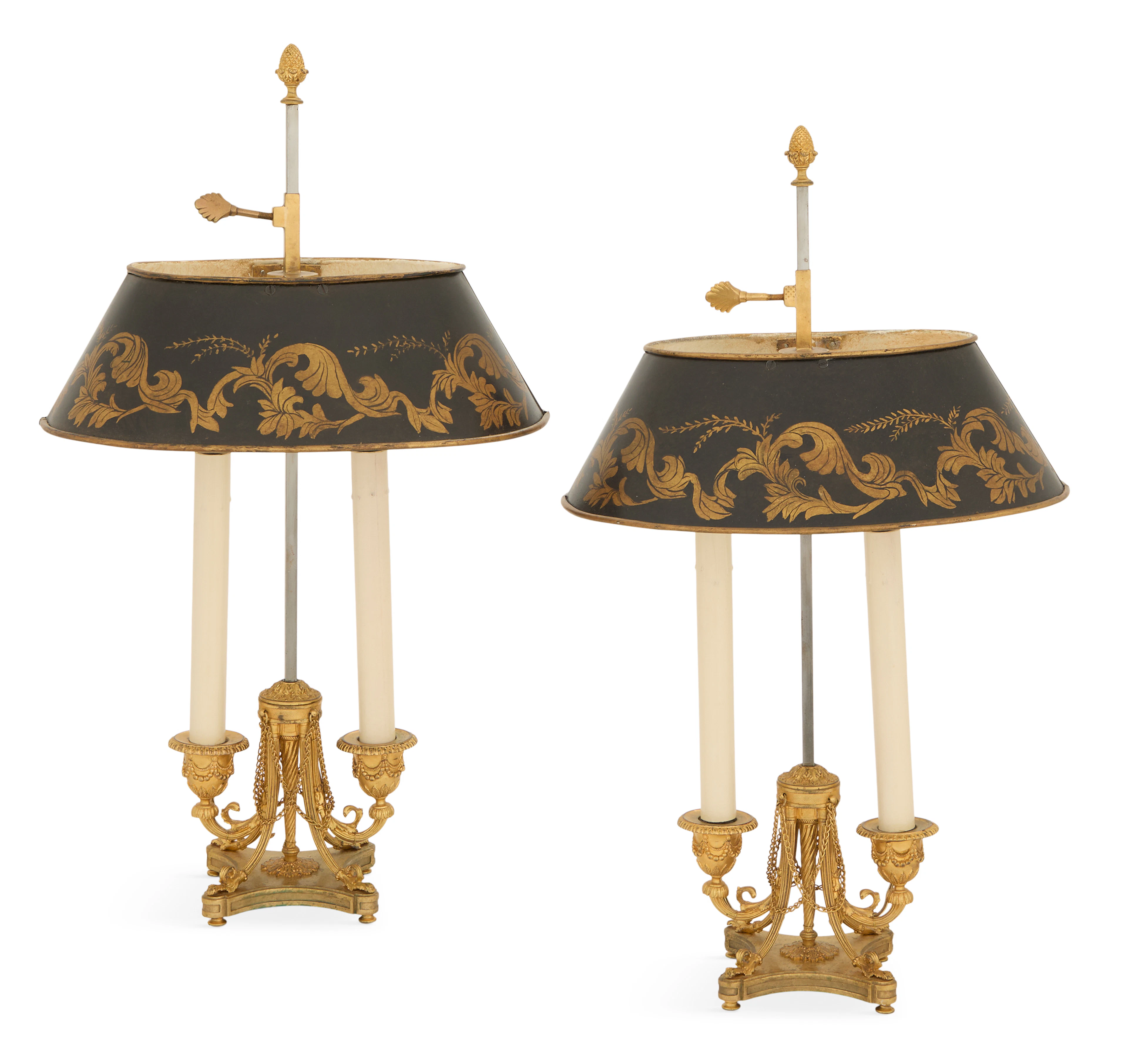 Pair of Petite French Bronze and Tole Bouillotte Lamps