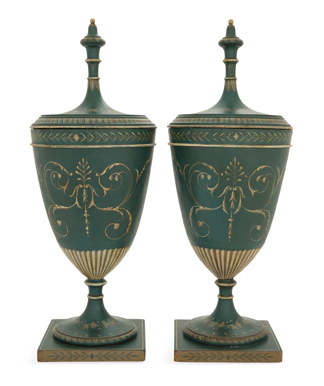 Pair of Painted Wood and Tole Urns