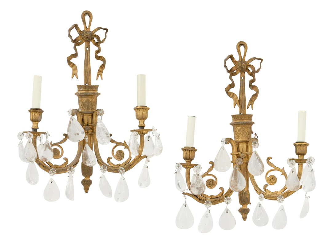Pair of French Bronze and Rock Crystal Neoclassical Sconces