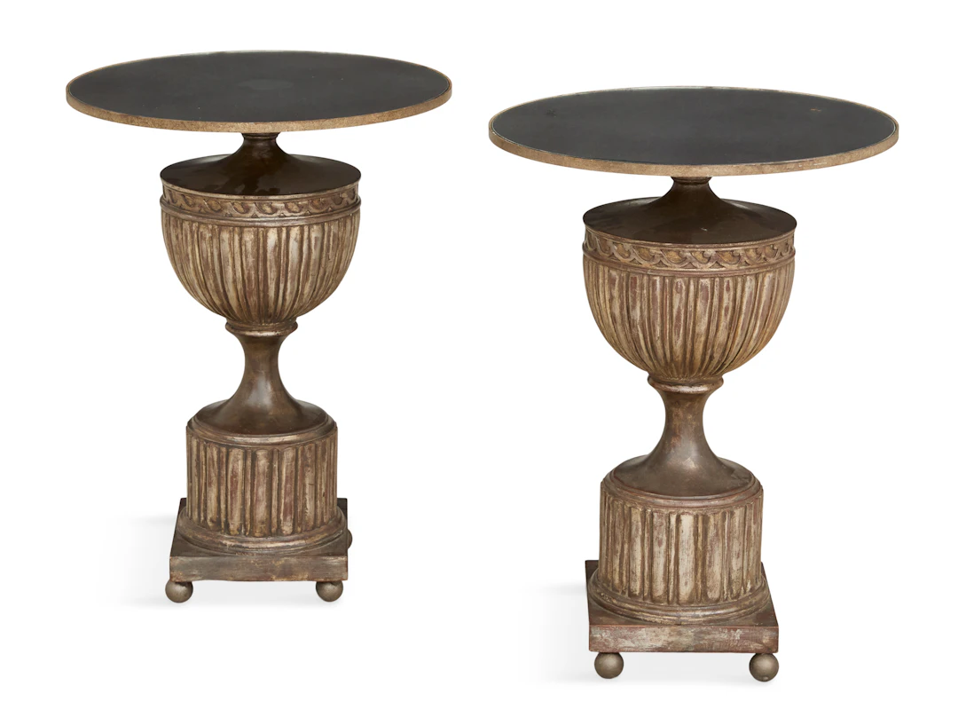 Pair of Silver-Leaf and Mirrored Urn-Form Side Tables