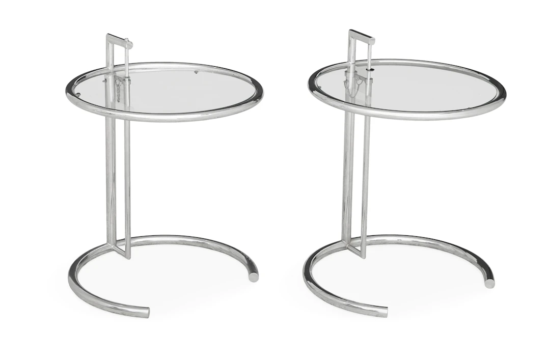 Near Pair of Eileen Gray Chrome and Glass Side Tables